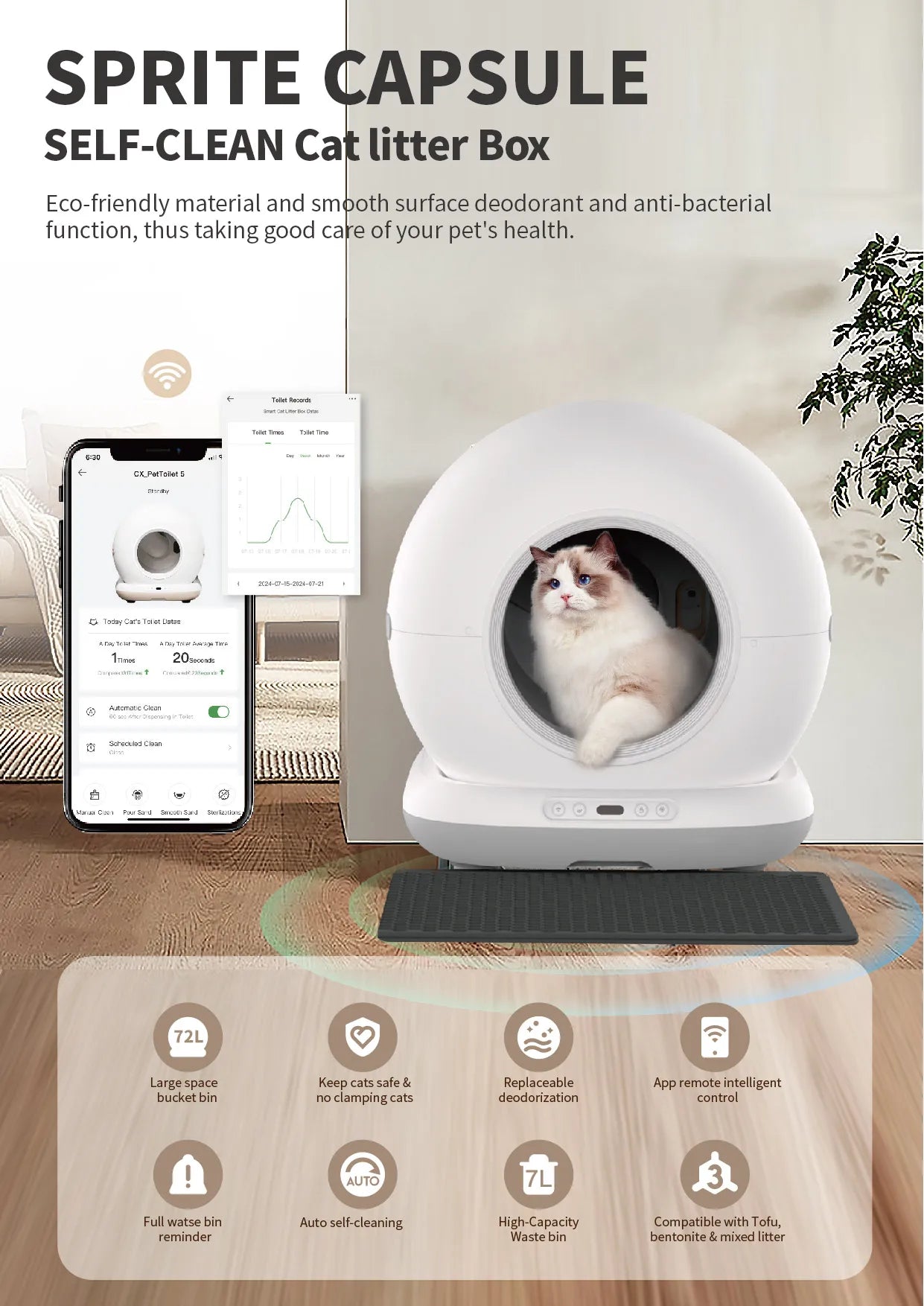 Large Capacity Automatic Cat Litter Box Self Cleaning, Smart Self-Cleaning Cat Litter Box with 72L Litter Box APP Control