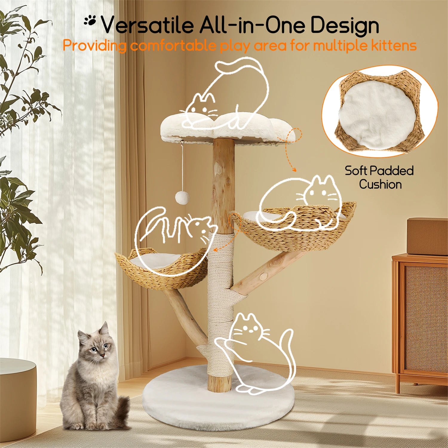 Modern Cat Tree Activity Tower with Plush Cushion and Toy Ball Sisal Scratching Post Kitten Condo Play House for Indoor