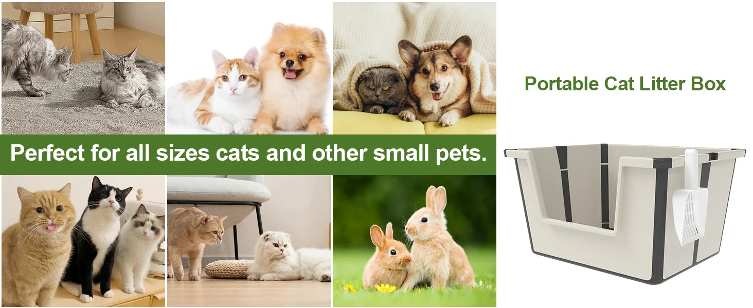 Tall Open Top Cat Litter Box with High Sides and Scoop Portable and Foldable Large Size for Multiple Cats or Big Cat Home Use