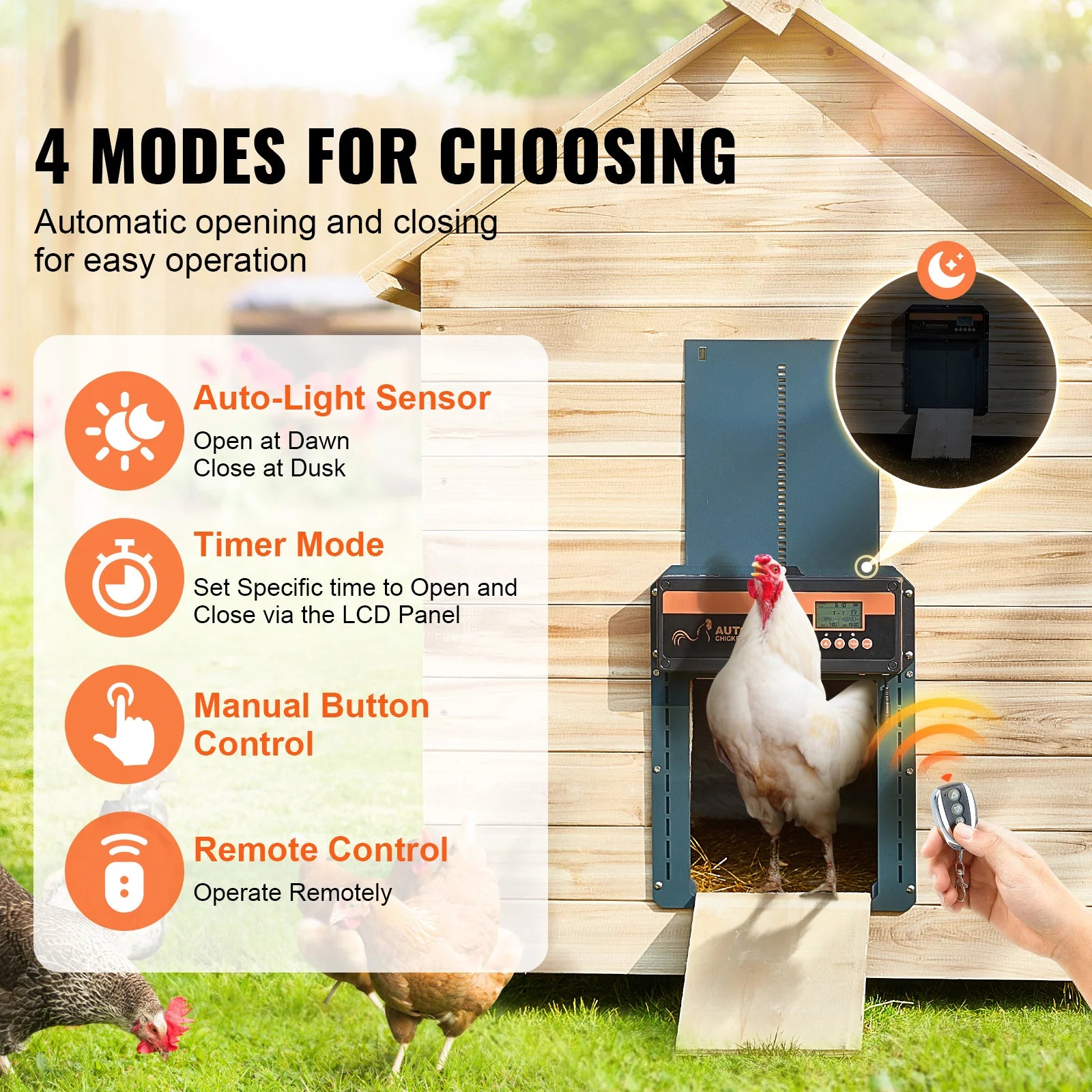 SucceBuy Automatic Chicken Coop Door with Light Sensing Remote Control Auto Chicken Door Opener Chicken Supplies Battery Powered