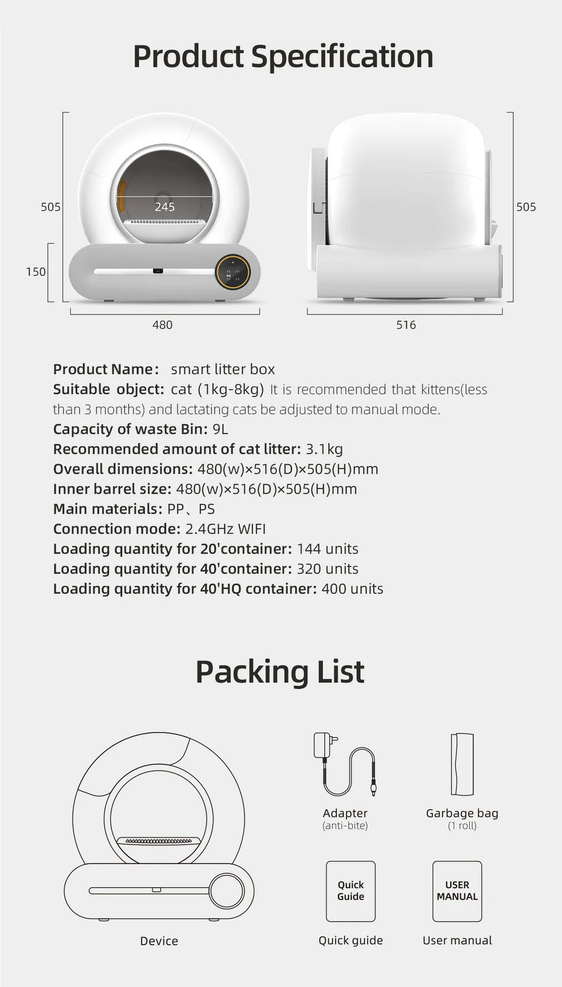 Tonepie 65L Automatic Smart Cat Litter Box Self Cleaning Fully Enclosed Cat Litter Box Pet Toilet Litter Tray English Versions
