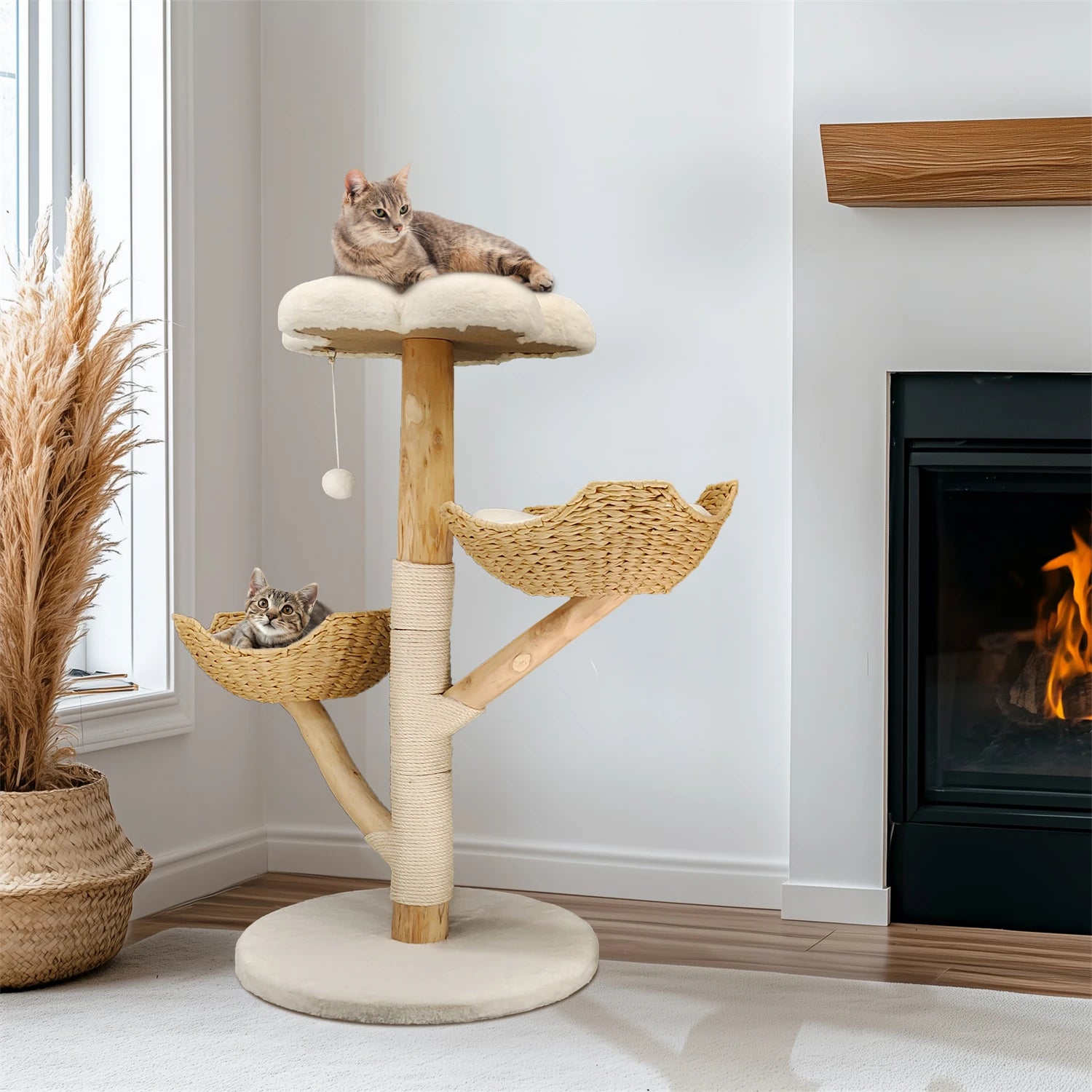 Modern Cat Tree Activity Tower with Plush Cushion and Toy Ball Sisal Scratching Post Kitten Condo Play House for Indoor