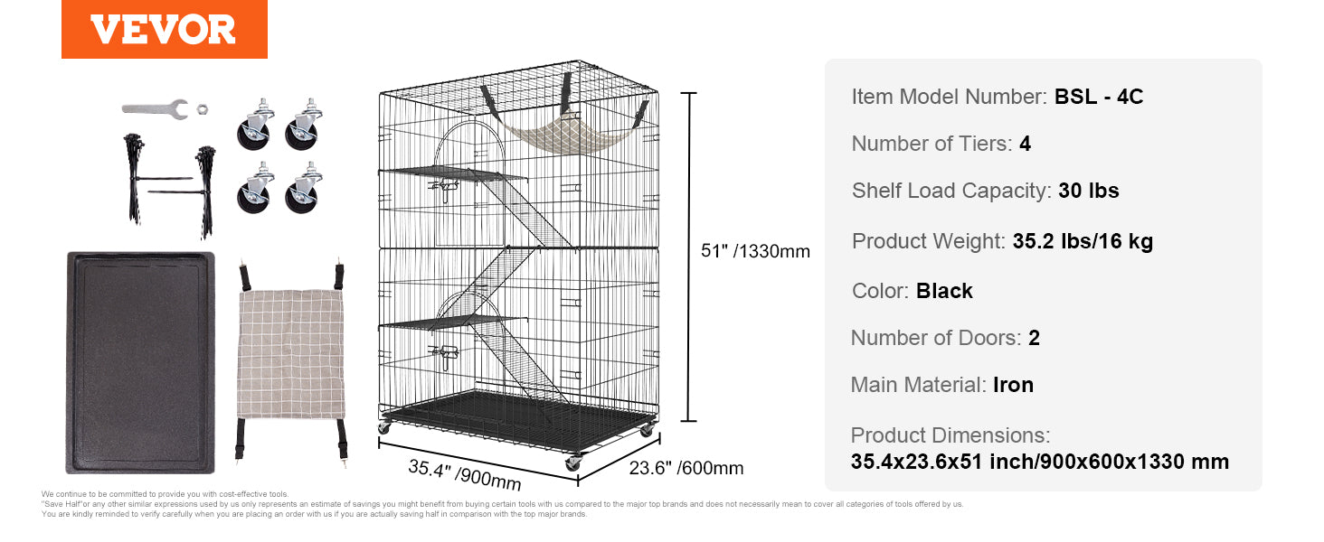 VEVOR 4 Tier Large Cat Playpen 30lbs/Layer DIY Cat Fence Cage Exercise Place Crate Metal Wire Kennel Indoor Rabbit House for Pet