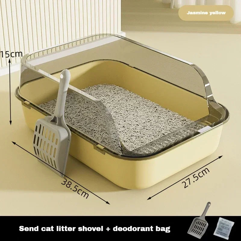 Cat Litter Box Semi Enclosed Design with High Fence Open Top Tray Easy to Clean Durable Kitty Sandbox with Scoop Pet Toilet