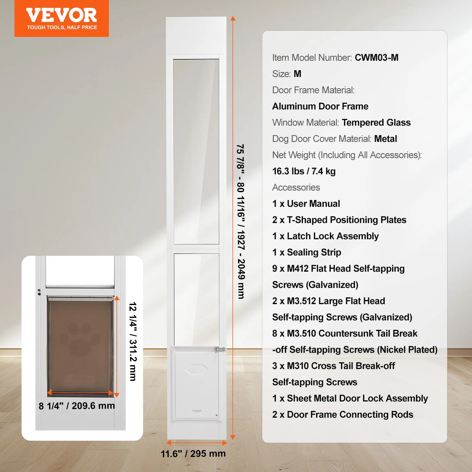 VEVOR Dog Door Sliding Glass Door Adjustable Height Doggy Door Sliding Doors Aluminum Frame Tempered Glass Pet Door