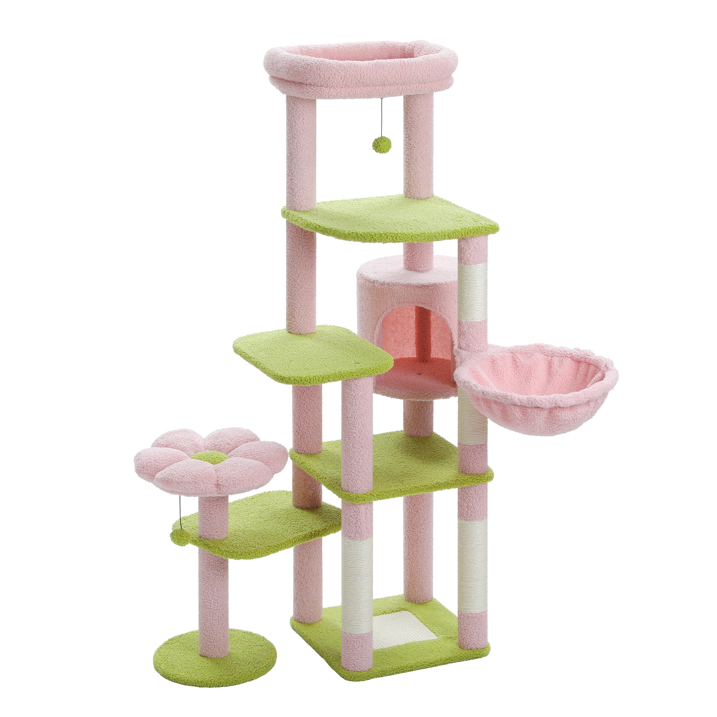 Multi-Level Cat Tree with Scratching Post Hammock Large Perches Hanging Balls Tall Cat Tower for Indoor Spacious Cat Condo House