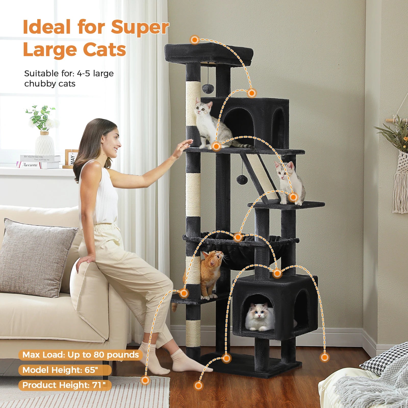 Cat Tree for Large Cats, Tall Cat Tower for indoor Cats Multi-level Cat House Furniture with 2 Big Condo Pad Bed Scratching Post