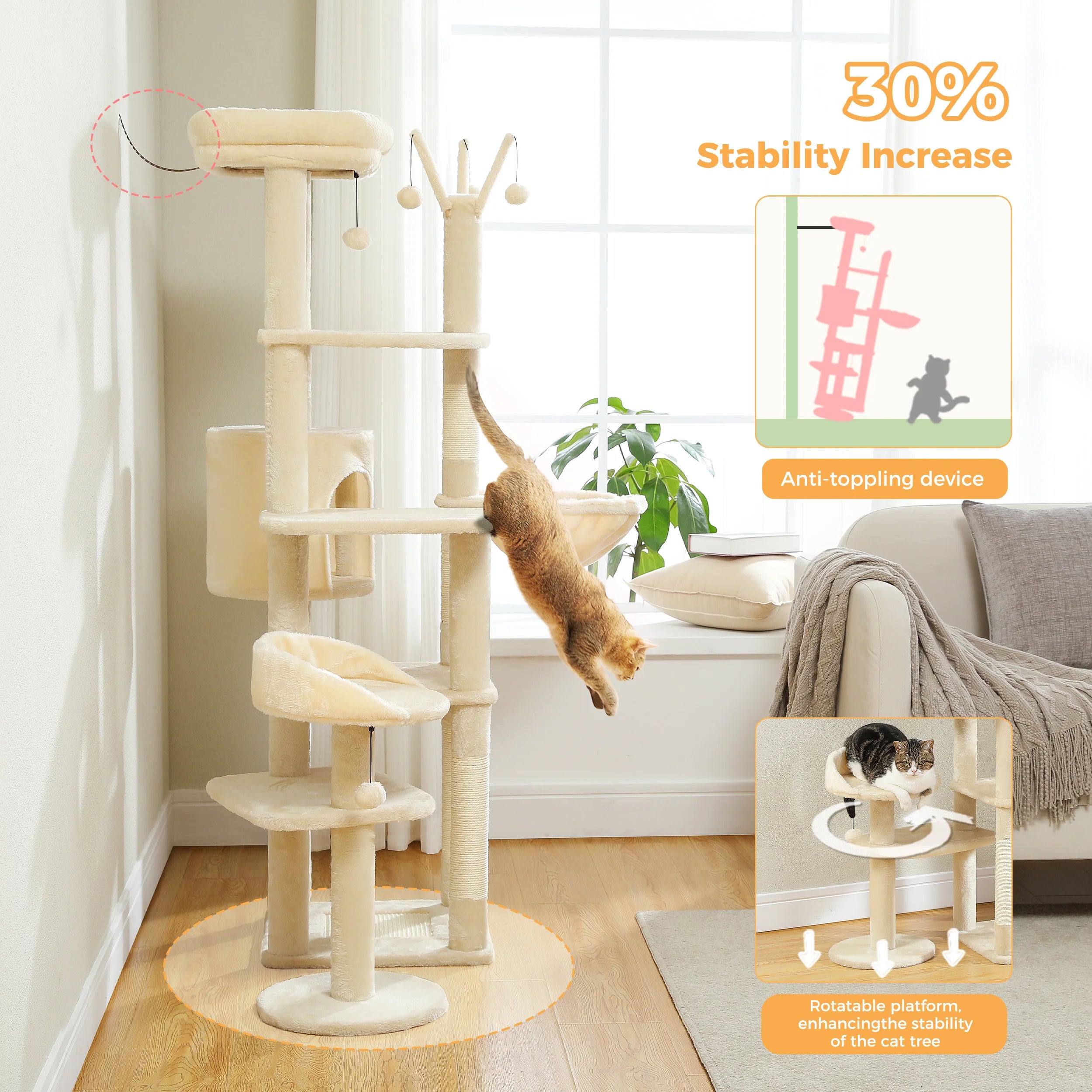 Multi-Level Cat Tree with Scratching Post Hammock Large Perches Hanging Balls Tall Cat Tower for Indoor Spacious Cat Condo House
