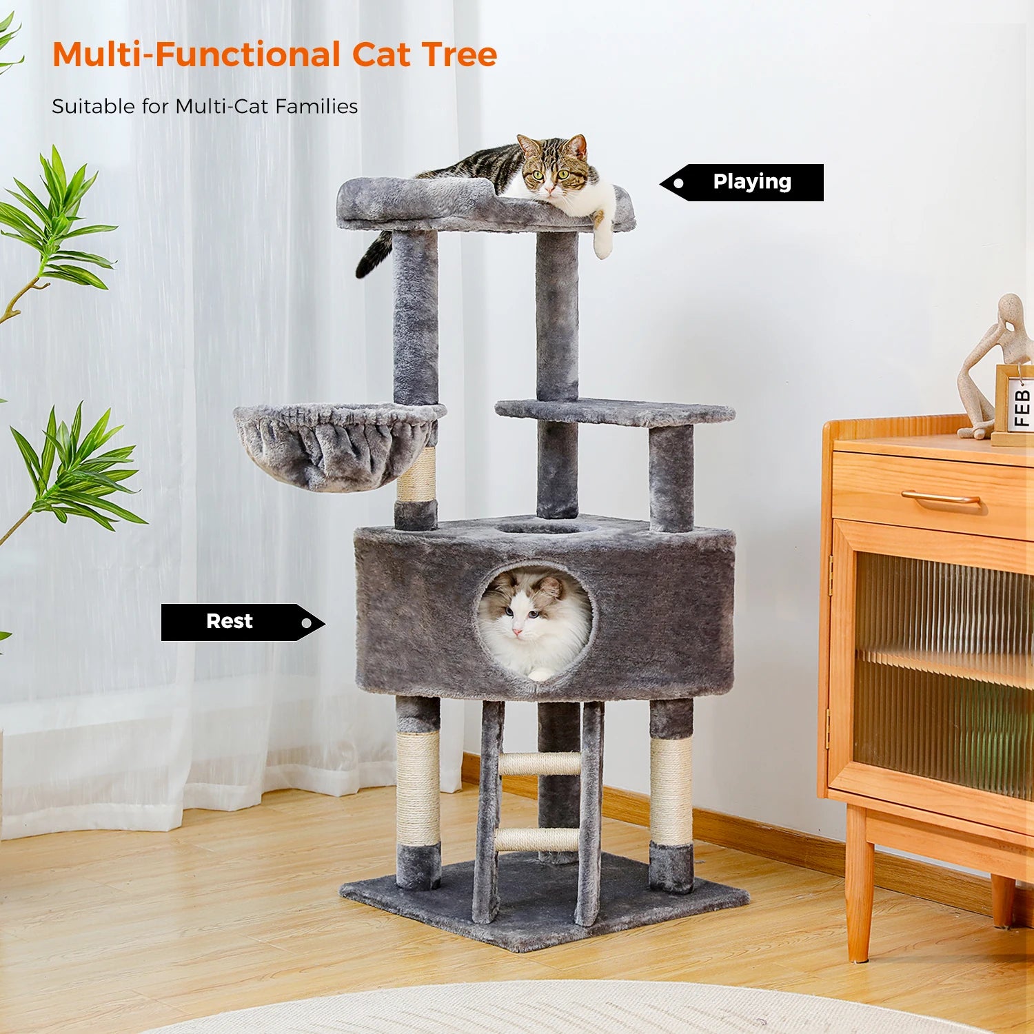 H120CM Cat Tree Condo for Indoor Self Grooming Brush Sisal Scratching Post Soft Perch House and Hanging Ball Toy Cozy Hummock