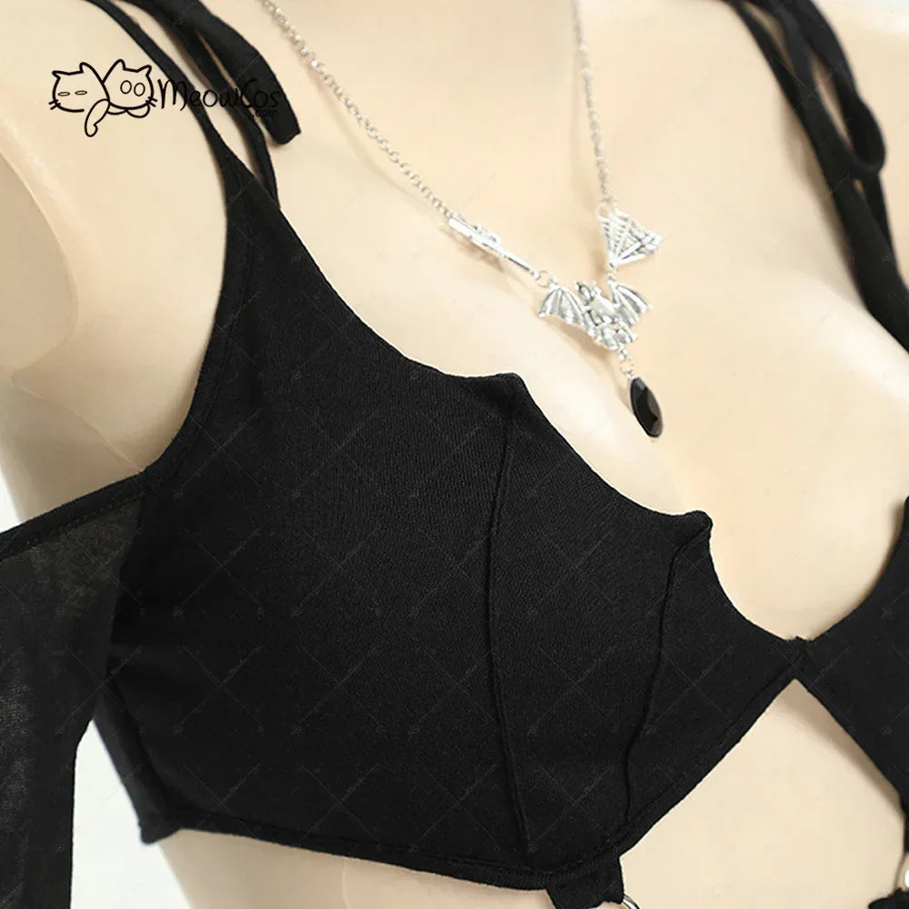 MEOWCOS Women Dark Bat Style Gothic Dress Black Camisole Cut Out Long Sleeves Dress Irregular Dress with Necklace