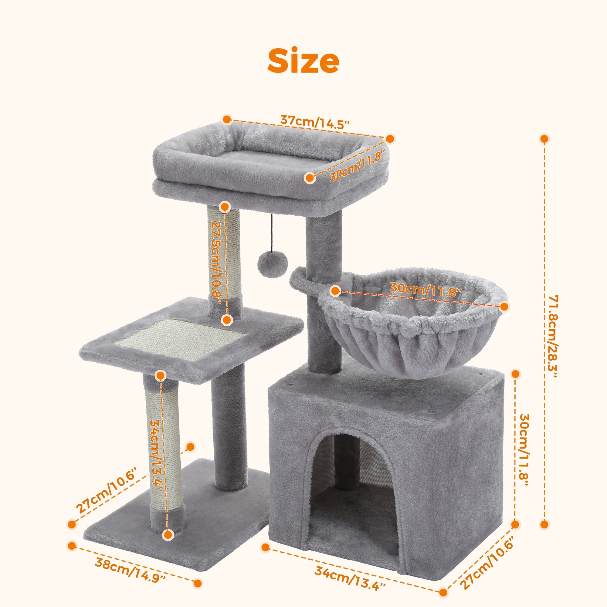 2 in 1 Cat Tree with Sisal Scratching Post Hammock Large Cat Condo Small Cat Tower House for Indoor Cat Scratcher Board Cat Toys