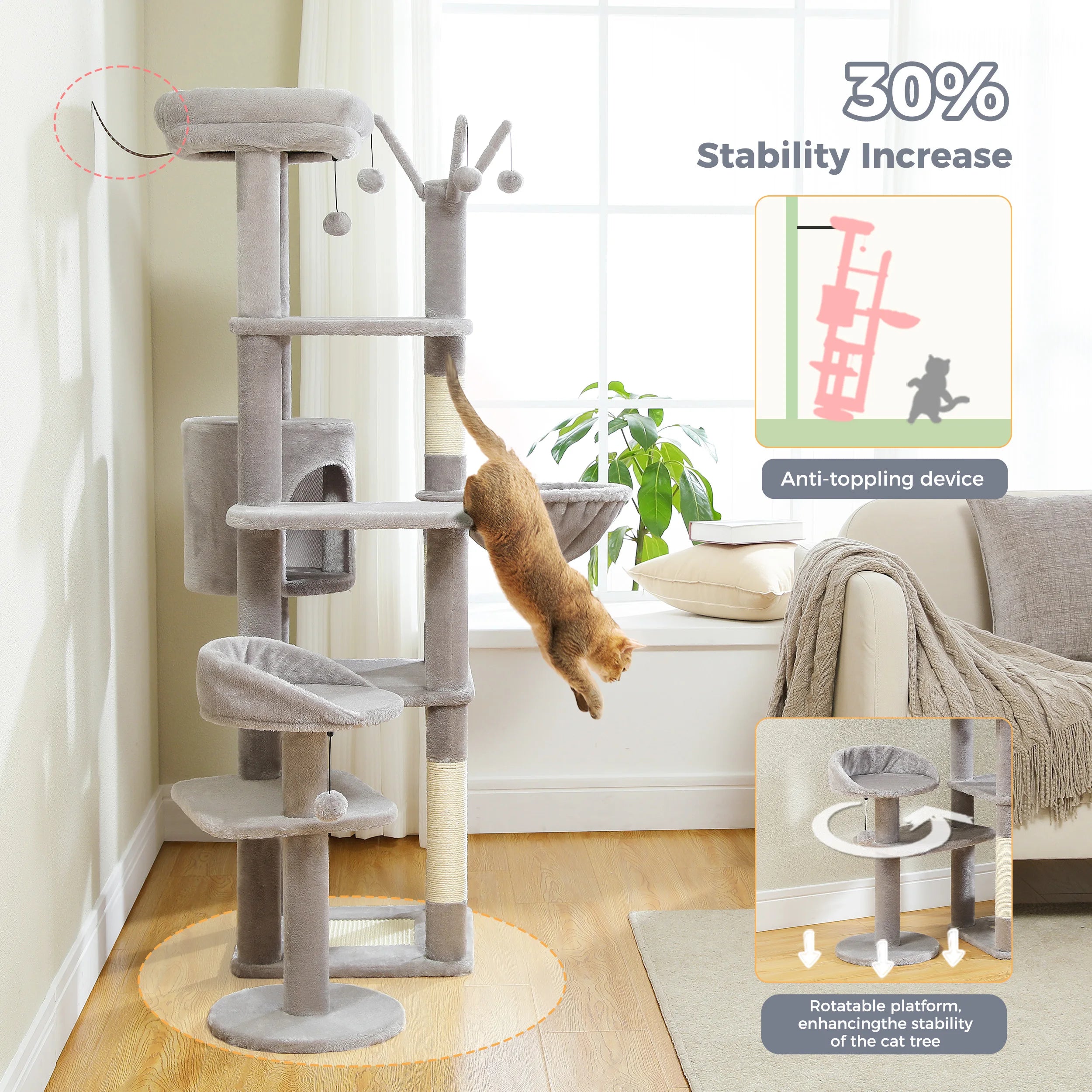 Multi-Level Cat Tree with Scratching Post Hammock Large Perches Hanging Balls Tall Cat Tower for Indoor Spacious Cat Condo House