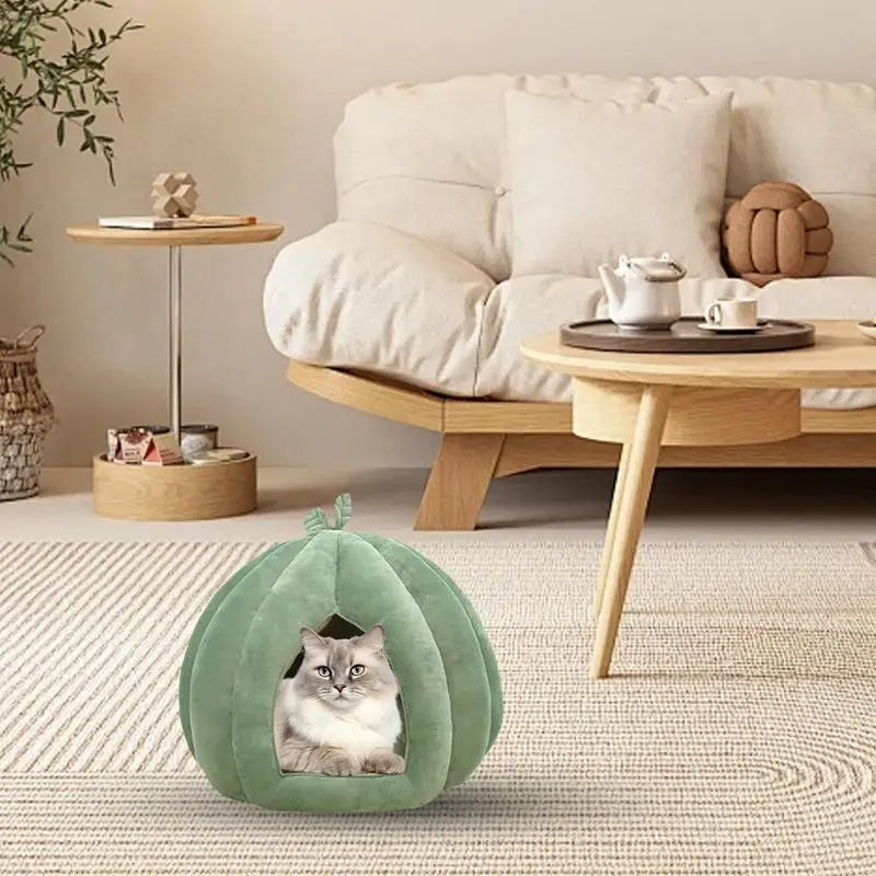 Enclosed Cat Nest Winter Warm Cat Bed Pumpkin Shape Pet Sleeping House for Cats Comfortable Washable Cat Sleeping Bed Pet Supply
