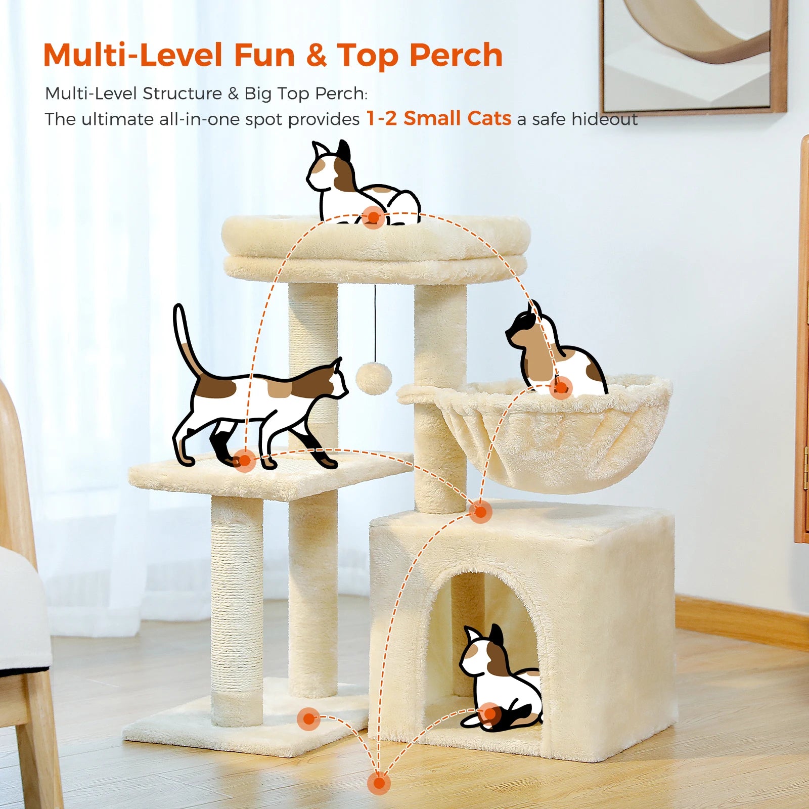 2 in 1 Cat Tree with Sisal Scratching Post Hammock Large Cat Condo Small Cat Tower House for Indoor Cat Scratcher Board Cat Toys