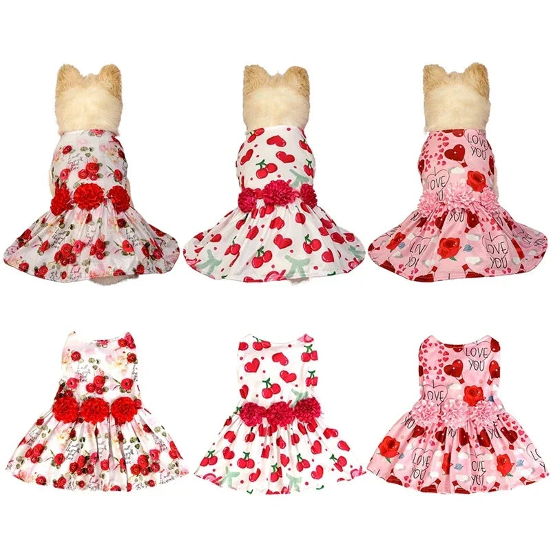 Dog Dress Pet Clothes Spring Summer Puppy Skirt Princess Dress Fashion Flower Heart Lovely Pattern Sleeveless Dog Dresses