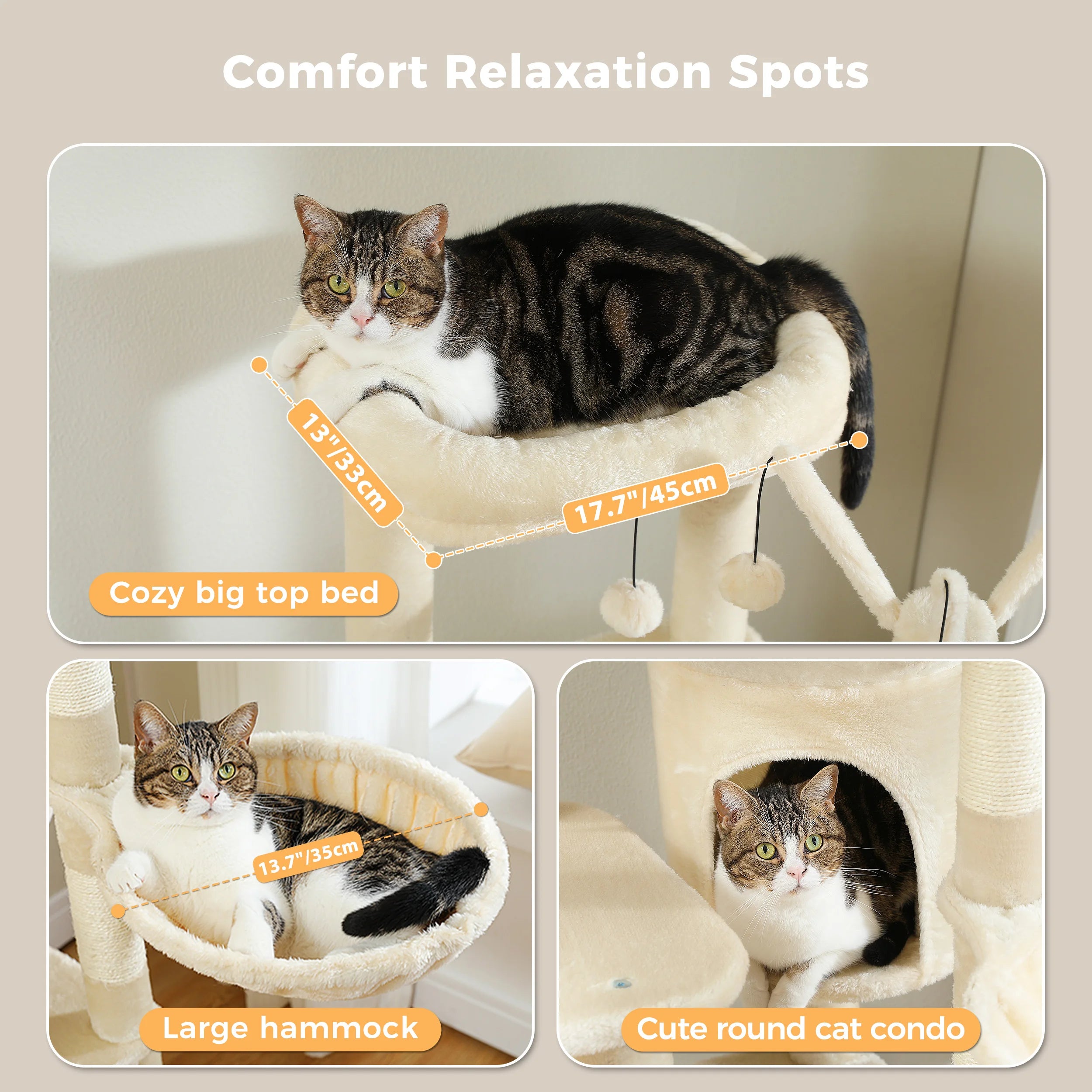 Multi-Level Cat Tree with Scratching Post Hammock Large Perches Hanging Balls Tall Cat Tower for Indoor Spacious Cat Condo House