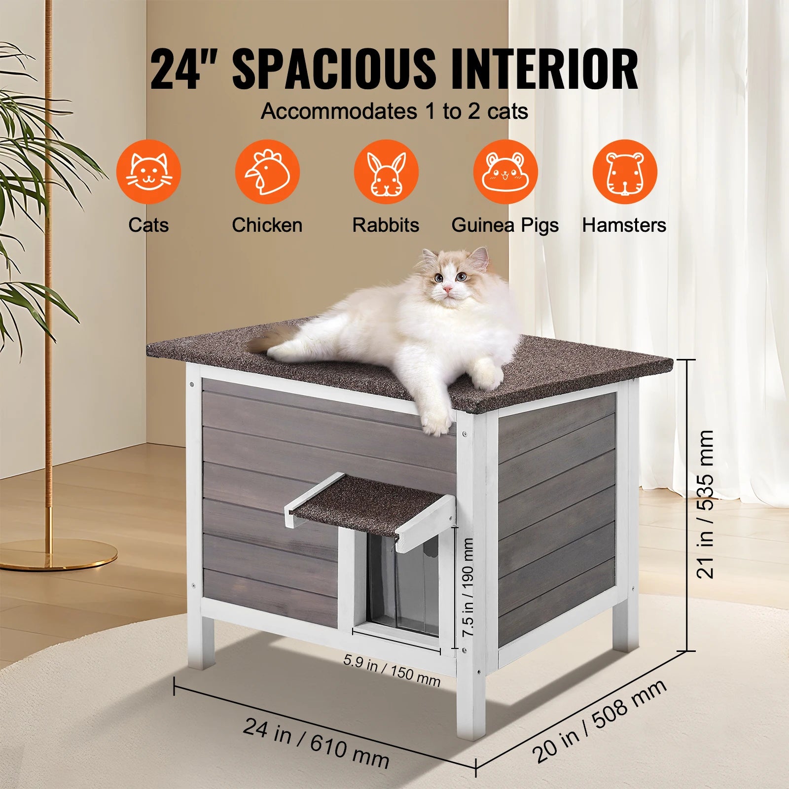 VEVOR Outdoor Cat House Weatherproof, Feral Cat Shelter for Cats Outdoor Wooden Cat Rabbit House with All-Round Foam Insulated