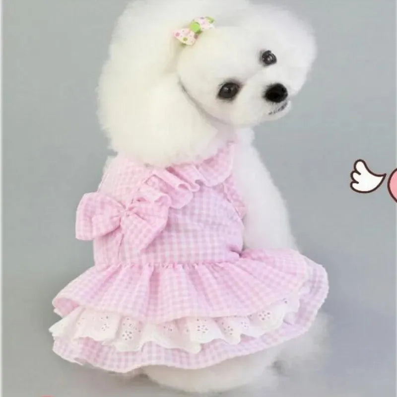 Pink Blue Dog Skirt Plaid Pet Bulldog Dress Spring Summer Party Skirt Teddy French Cat Dress