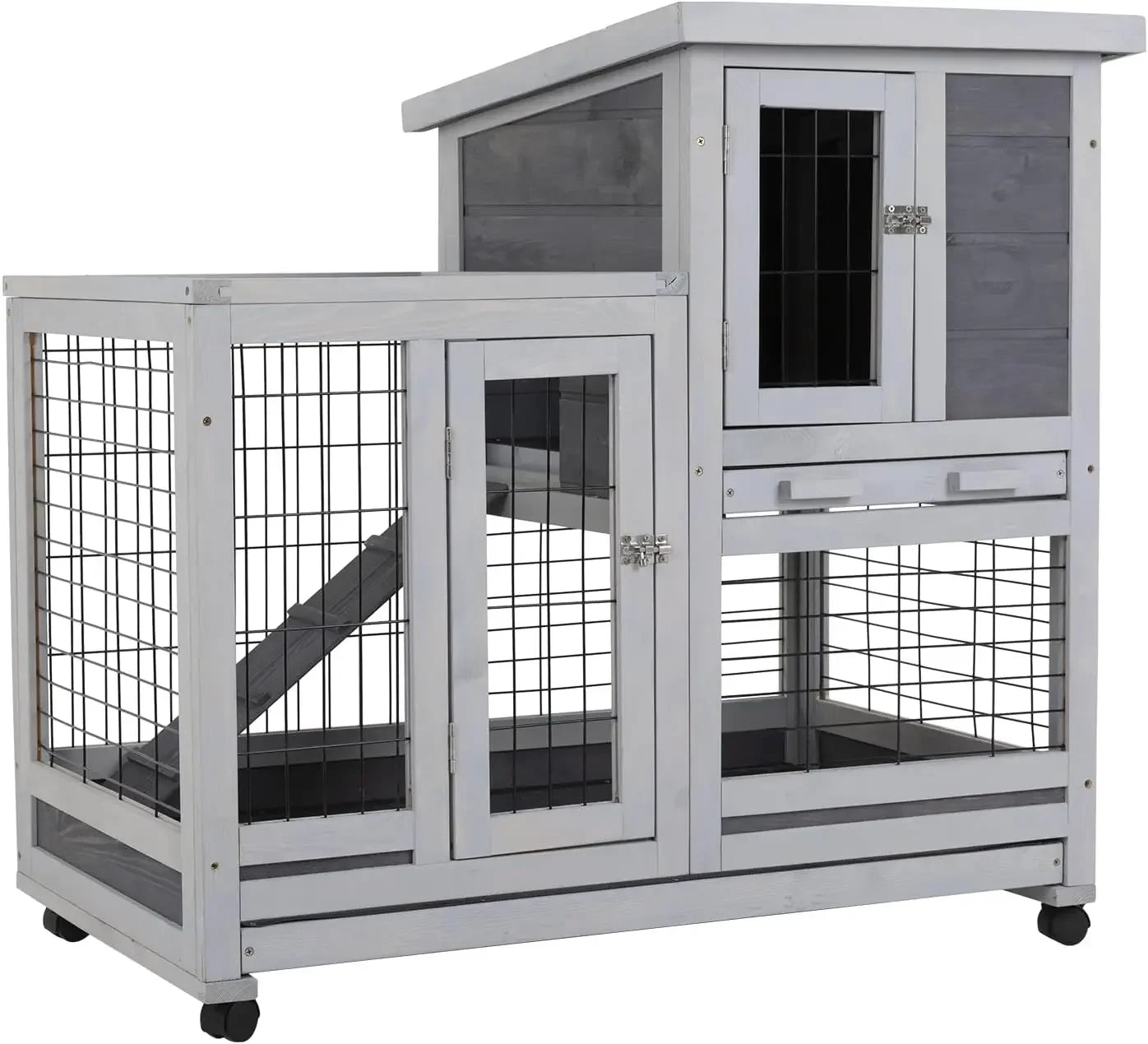 Rabbit Hutch Indoor and Outdoor Rabbit Cage 37 Inch Wide Wooden Hutch House Guinea Pig Cage with Wheels Rolling Larg