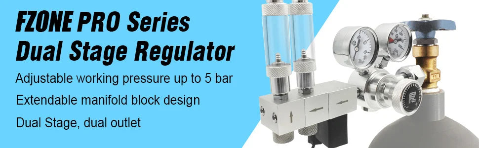FZONE Aquarium Pro Series Dual Stage CO2 Regulator Adjustable Output Pressure with DC Solenoid and Expendable Manifold