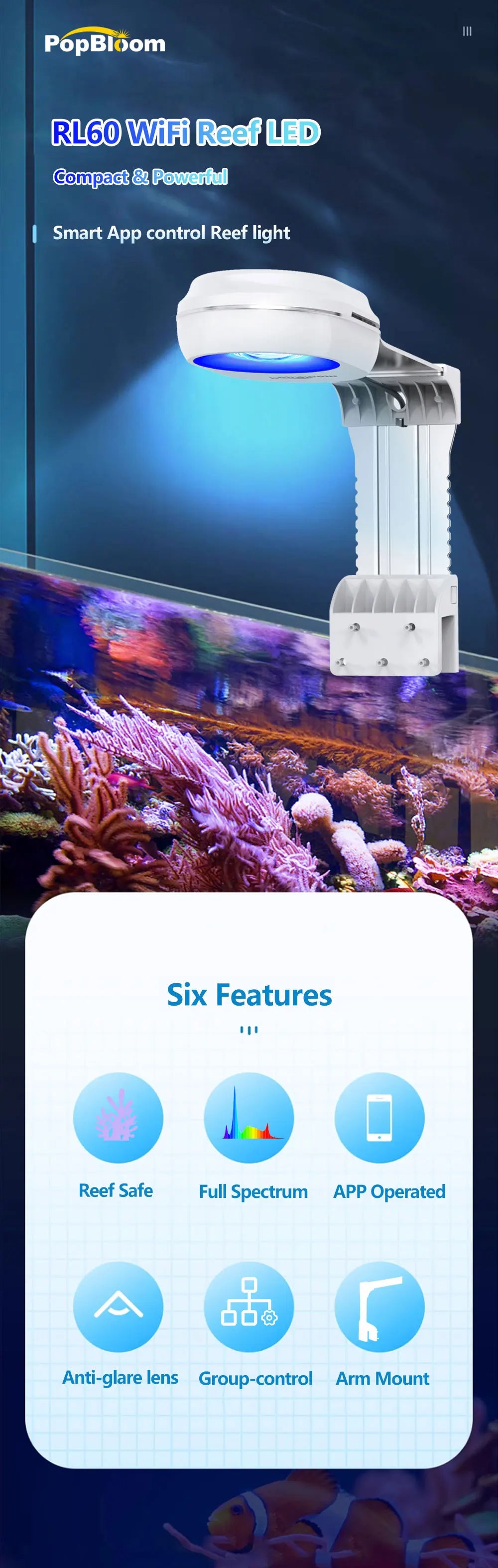 PopBloom RL60/RL90 WiFi Aquarium LED Lighting, APP Program Saltwater LED Aquarium Lamp for Marine Reef Fish Tank, Include Mount