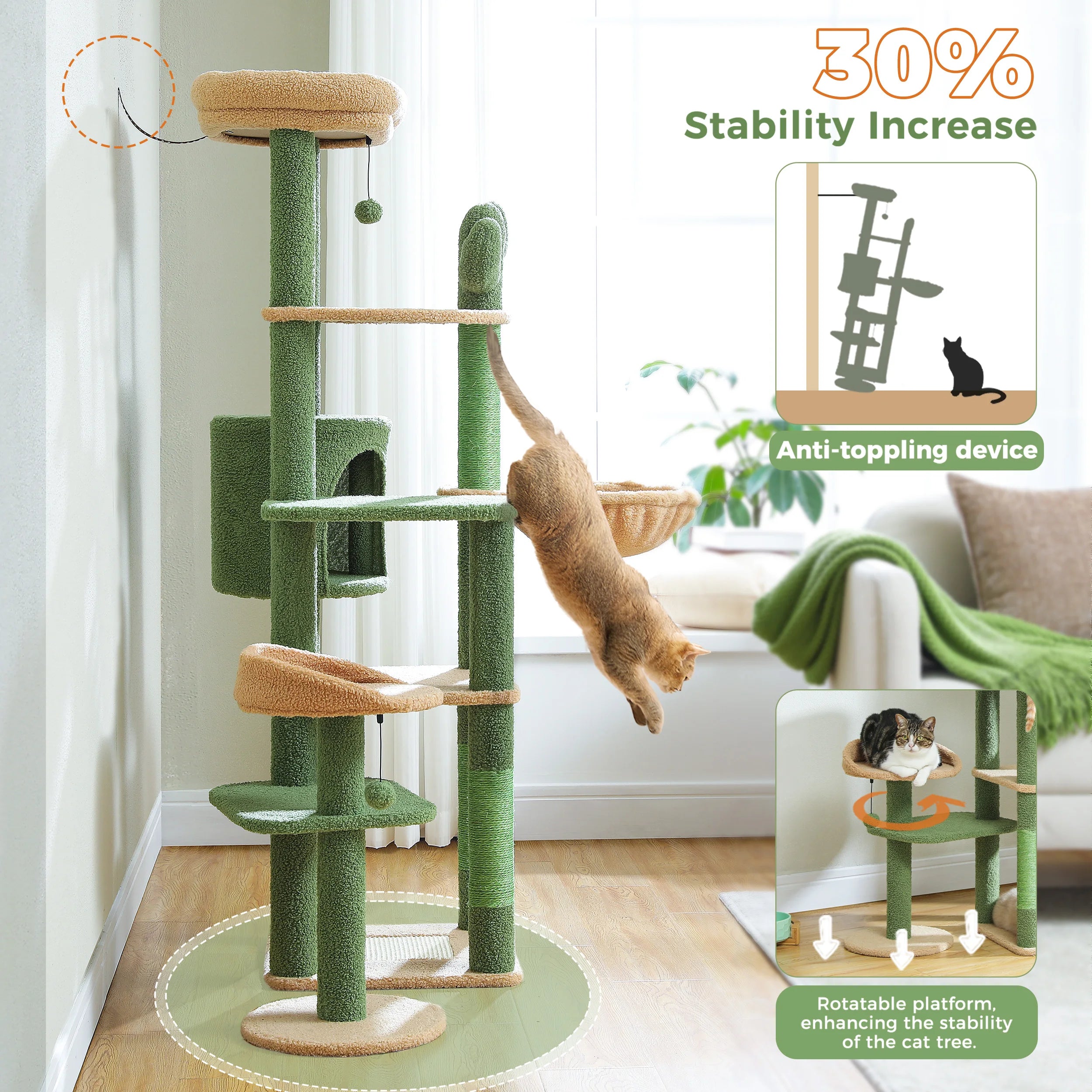 Multi-Level Cat Tree with Scratching Post Hammock Large Perches Hanging Balls Tall Cat Tower for Indoor Spacious Cat Condo House
