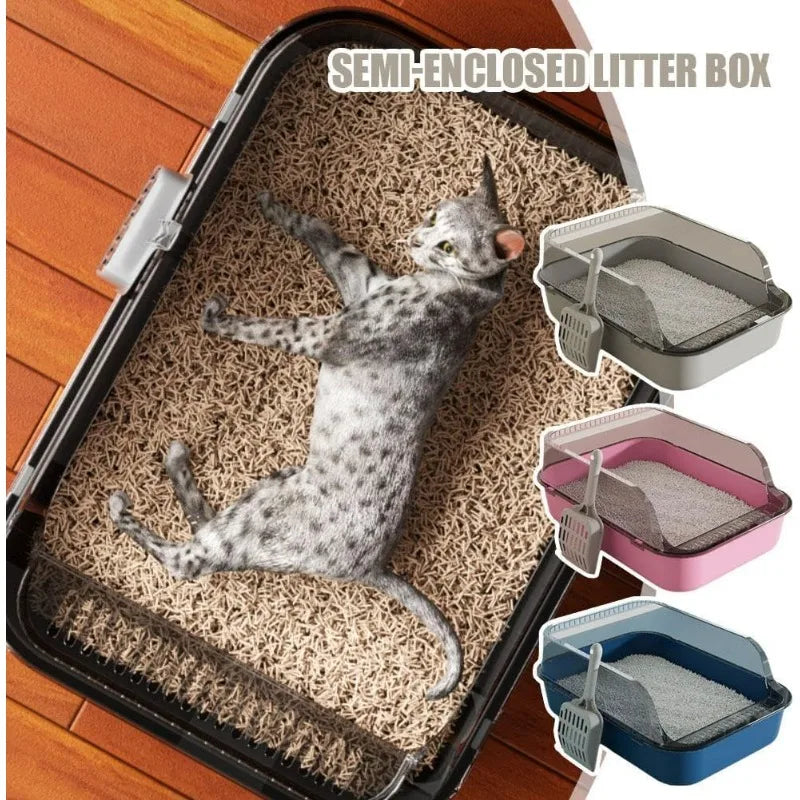 Cat Litter Box Semi Enclosed Design with High Fence Open Top Tray Easy to Clean Durable Kitty Sandbox with Scoop Pet Toilet