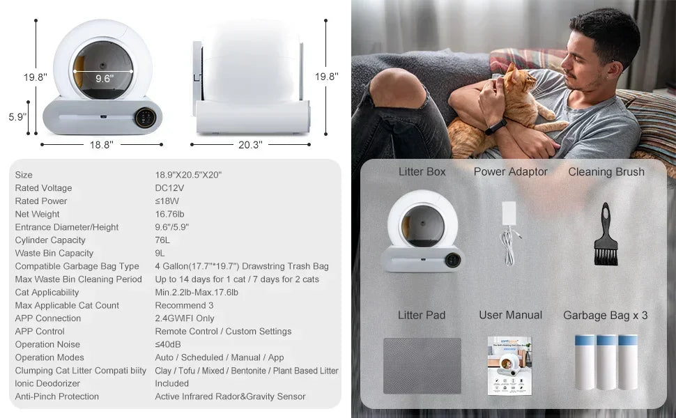 Large Capacity Automatic Cat Litter Box Self Cleaning, Smart Self-Cleaning Cat Litter Box with 65L Litter Box APP Control