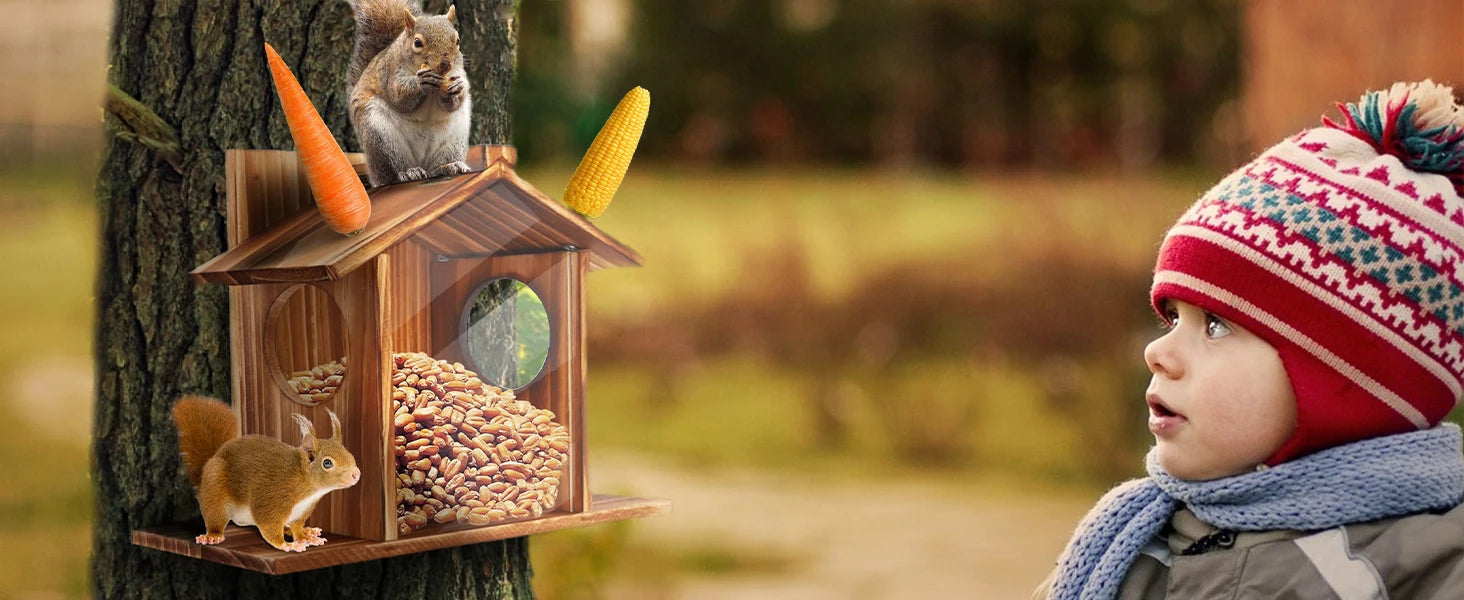 Garden Tree Squirrel Feeder Wood House Picnic Table Food Feeding Station Box