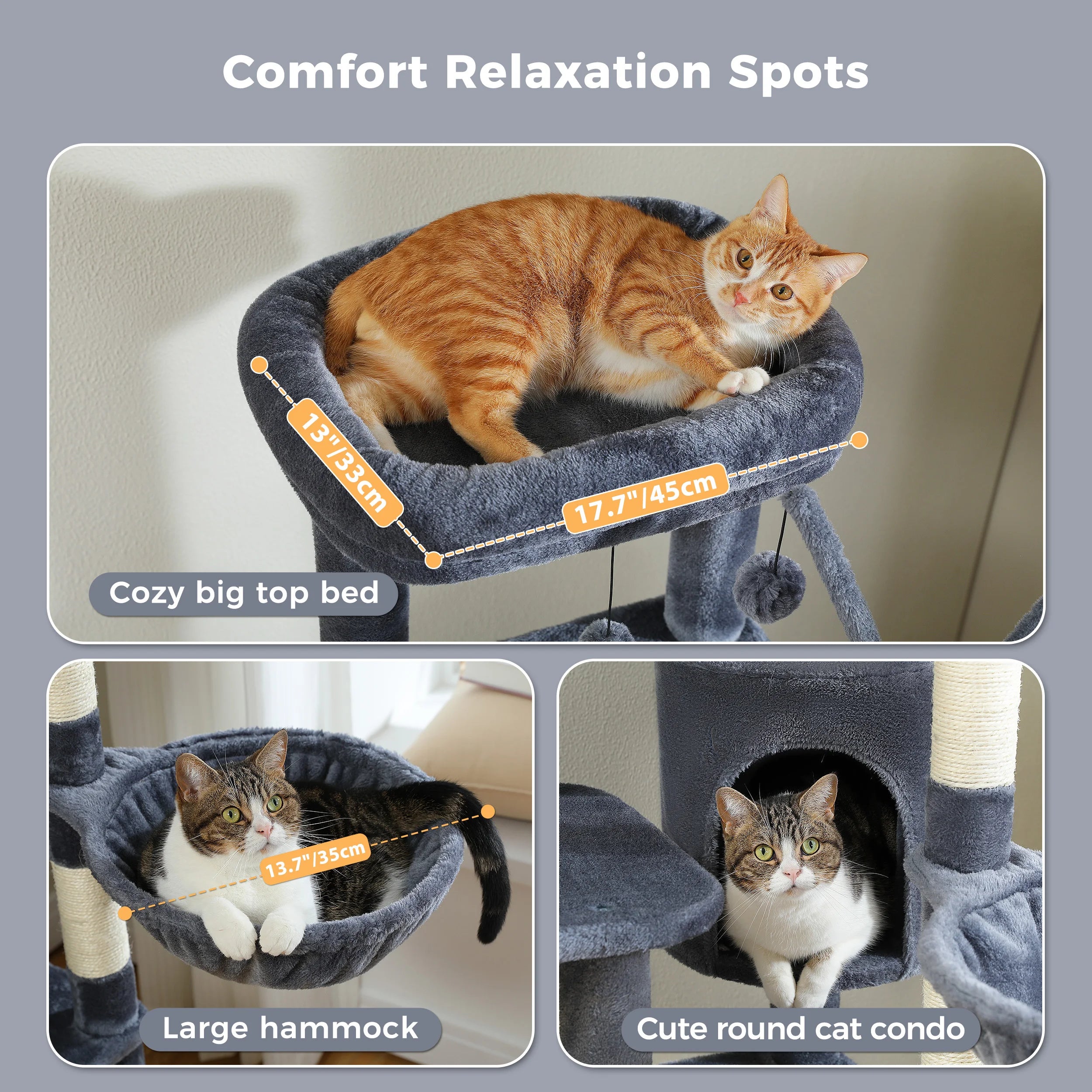 Multi-Level Cat Tree with Scratching Post Hammock Large Perches Hanging Balls Tall Cat Tower for Indoor Spacious Cat Condo House