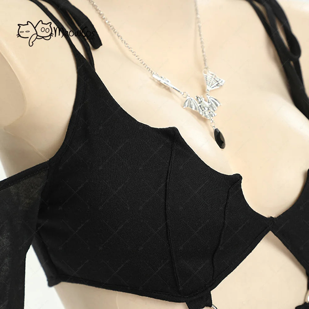 MEOWCOS Women Dark Bat Style Gothic Dress Black Camisole Cut Out Long Sleeves Dress Irregular Dress with Necklace
