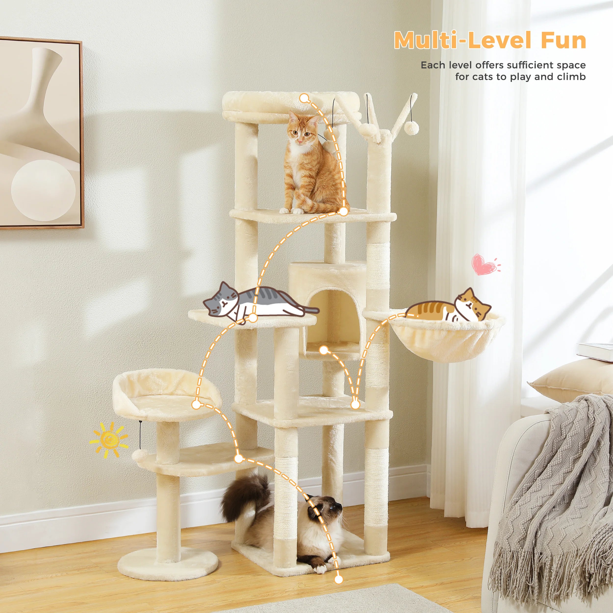 Multi-Level Cat Tree with Scratching Post Hammock Large Perches Hanging Balls Tall Cat Tower for Indoor Spacious Cat Condo House