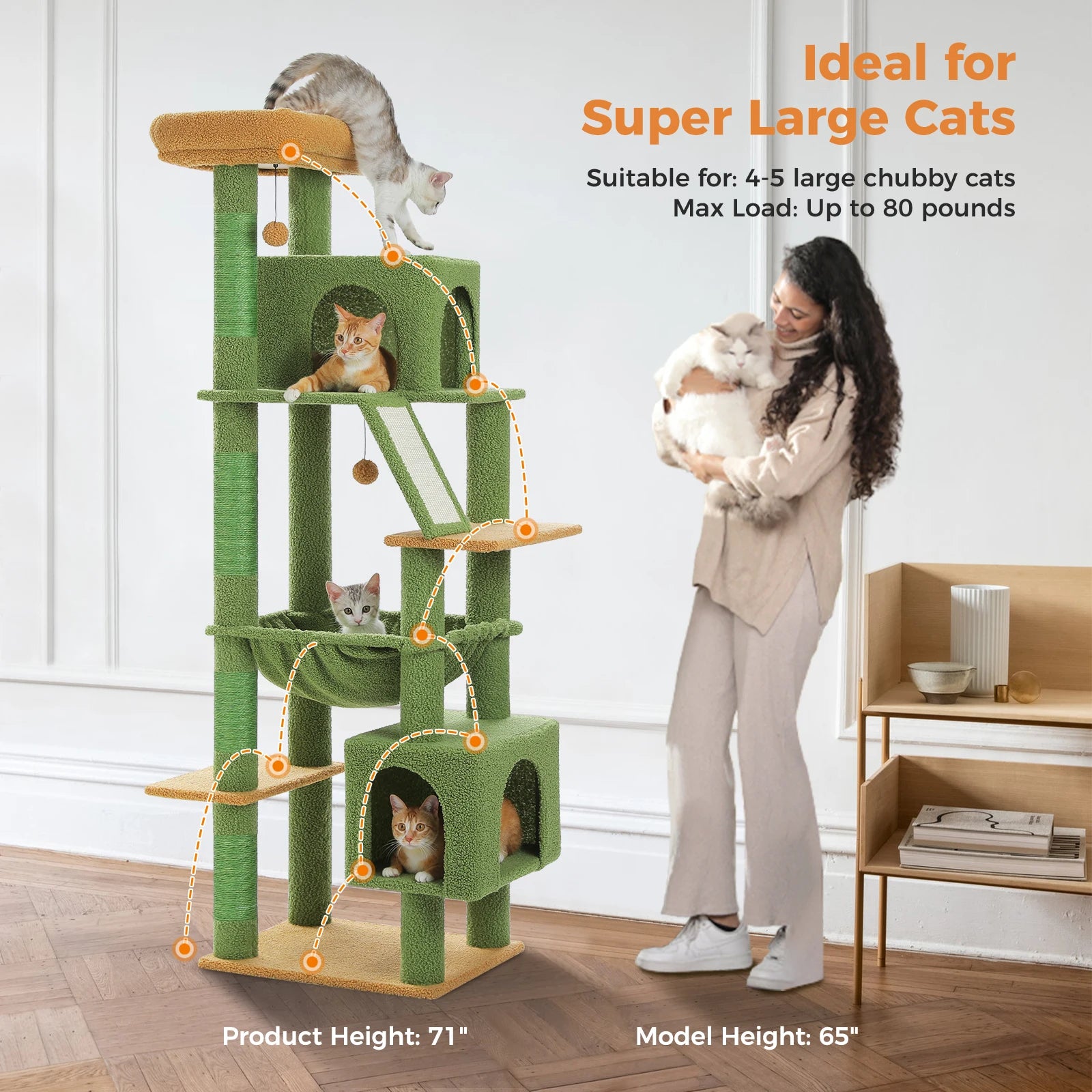 Cat Tree for Large Cats, Tall Cat Tower for indoor Cats Multi-level Cat House Furniture with 2 Big Condo Pad Bed Scratching Post