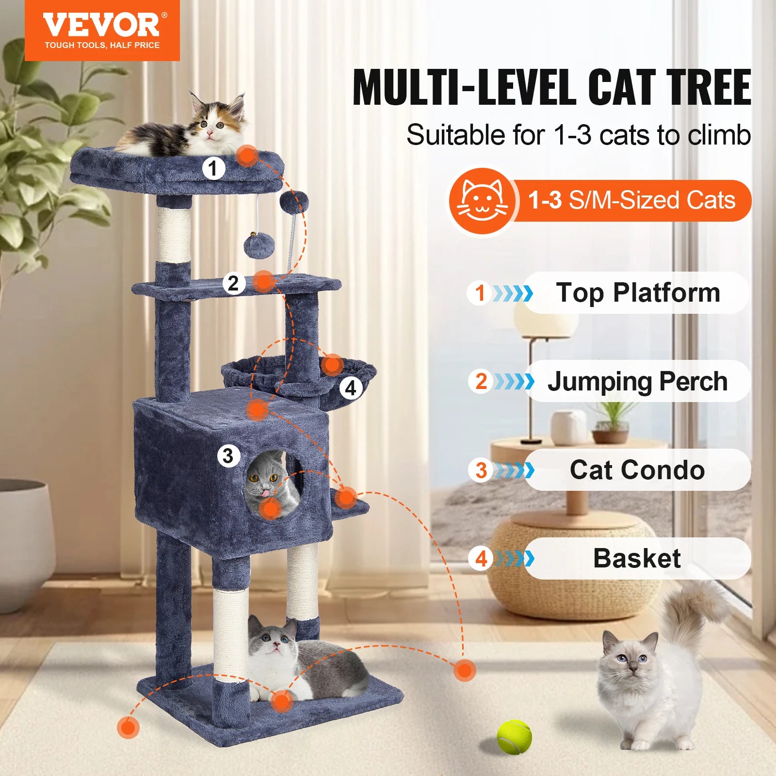 SucceBuy Cat Tree Fifth Floor Standing Cat Tower with Scratching Post Hammock Large Cat House Hanging Ball Cat Activity Center