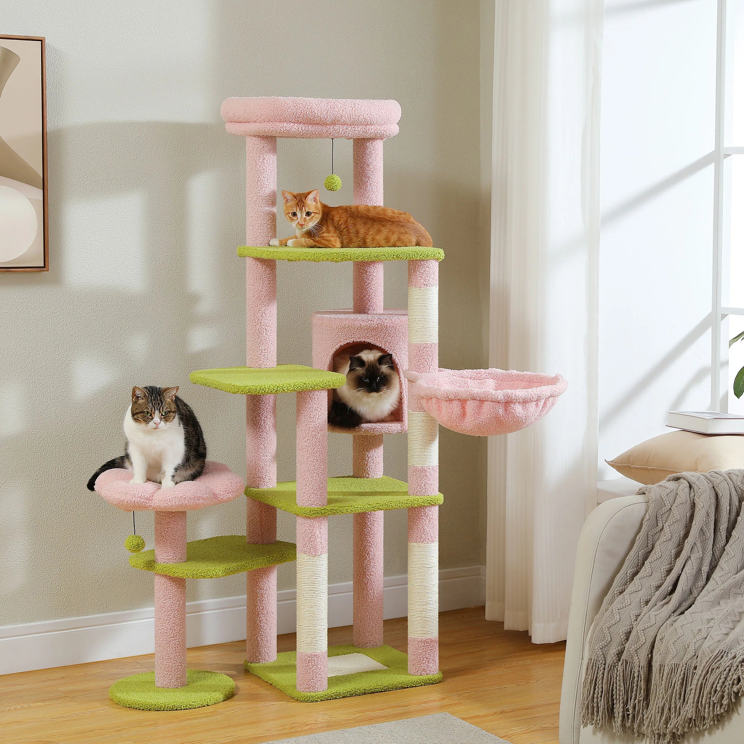 Multi-Level Cat Tree with Scratching Post Hammock Large Perches Hanging Balls Tall Cat Tower for Indoor Spacious Cat Condo House