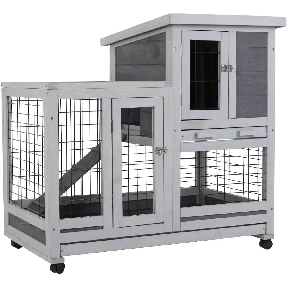 Rabbit Hutch Indoor and Outdoor Rabbit Cage 37 Inch Wide Wooden Hutch House Guinea Pig Cage with Wheels Rolling Larg