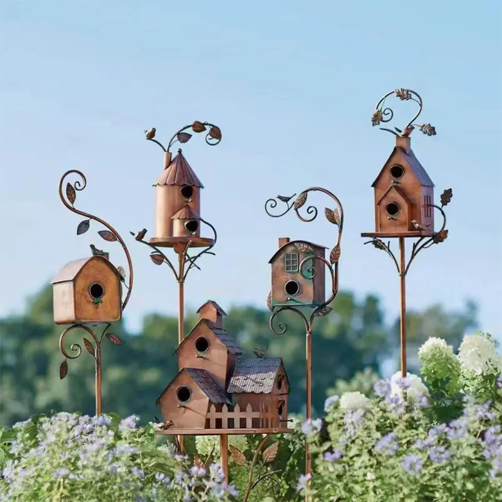 Birdhouse Garden Stakes Outdoor Decor Metal Bird House Art Crafts Bird Feeders Miniatures for Outdoor Garden Decorations