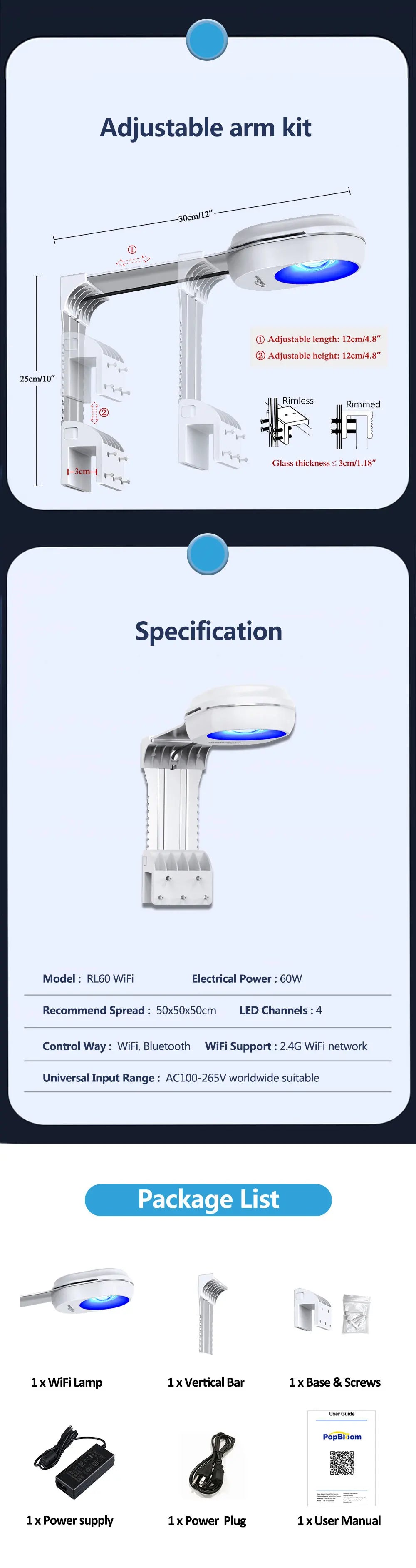 PopBloom RL60/RL90 WiFi Aquarium LED Lighting, APP Program Saltwater LED Aquarium Lamp for Marine Reef Fish Tank, Include Mount