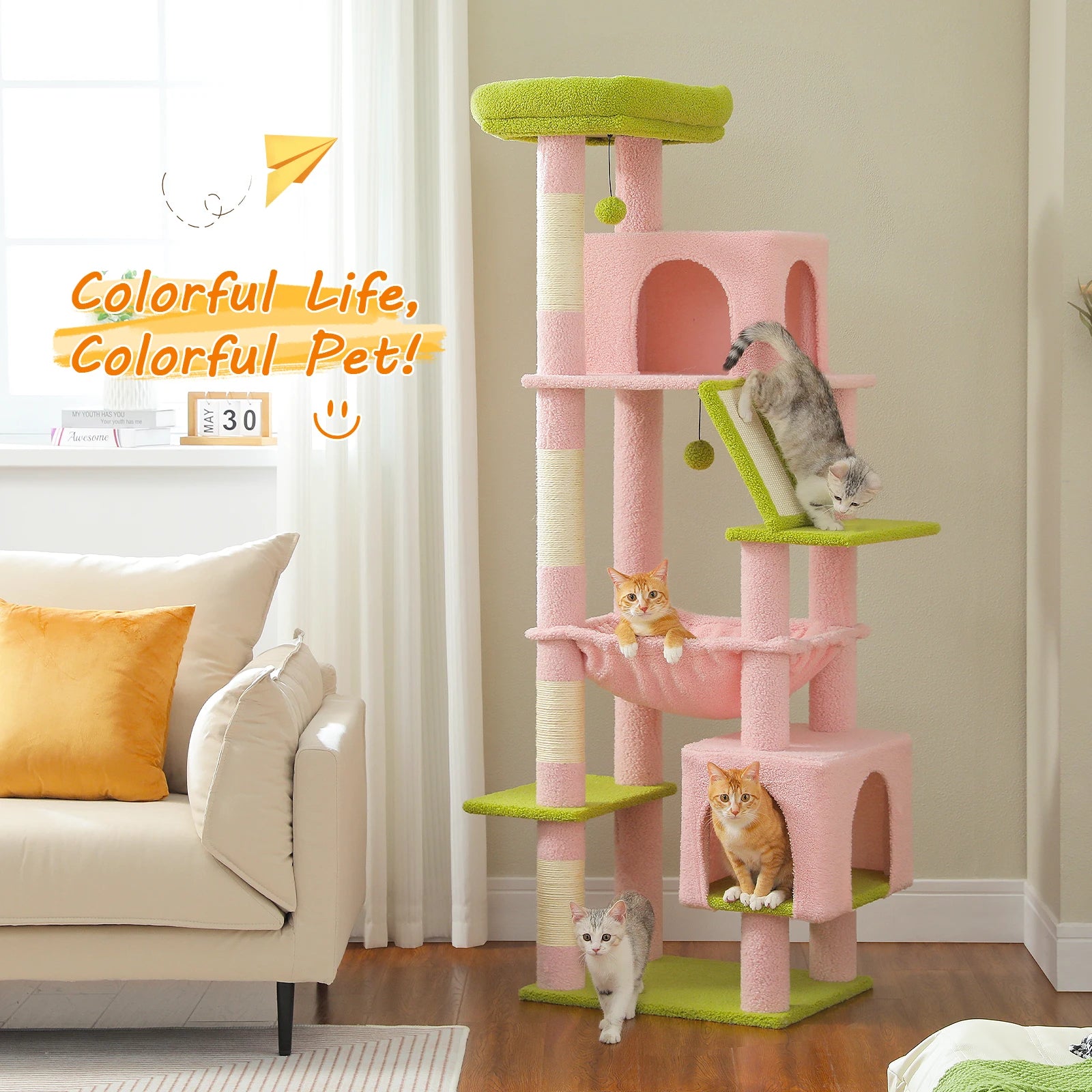 Cat Tree for Large Cats, Tall Cat Tower for indoor Cats Multi-level Cat House Furniture with 2 Big Condo Pad Bed Scratching Post
