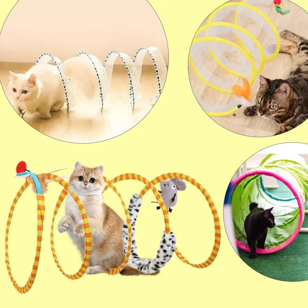 Cat Spring Toys Multifunctional Cat Tunnel Tube Large Foldable Cat Tube Tunnel With Feather Mouse Toys Cat Toy Springs Indoor