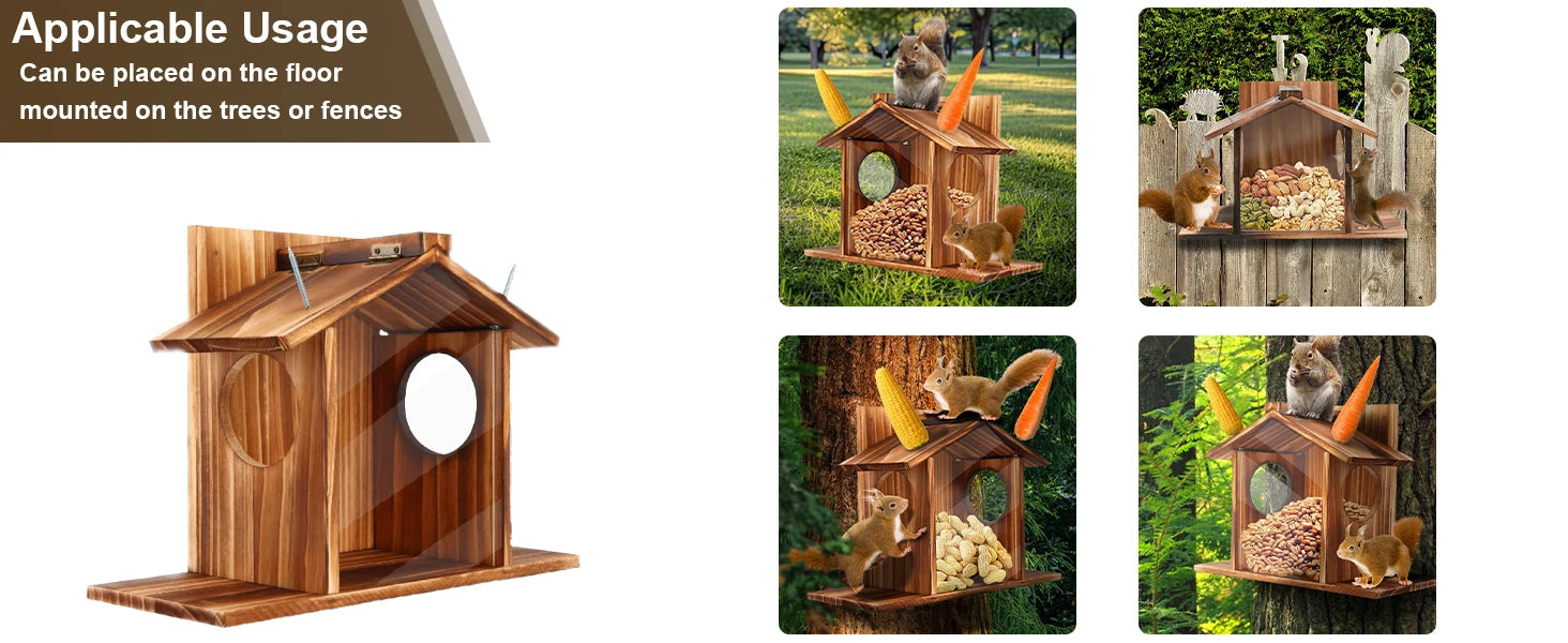 Garden Tree Squirrel Feeder Wood House Picnic Table Food Feeding Station Box