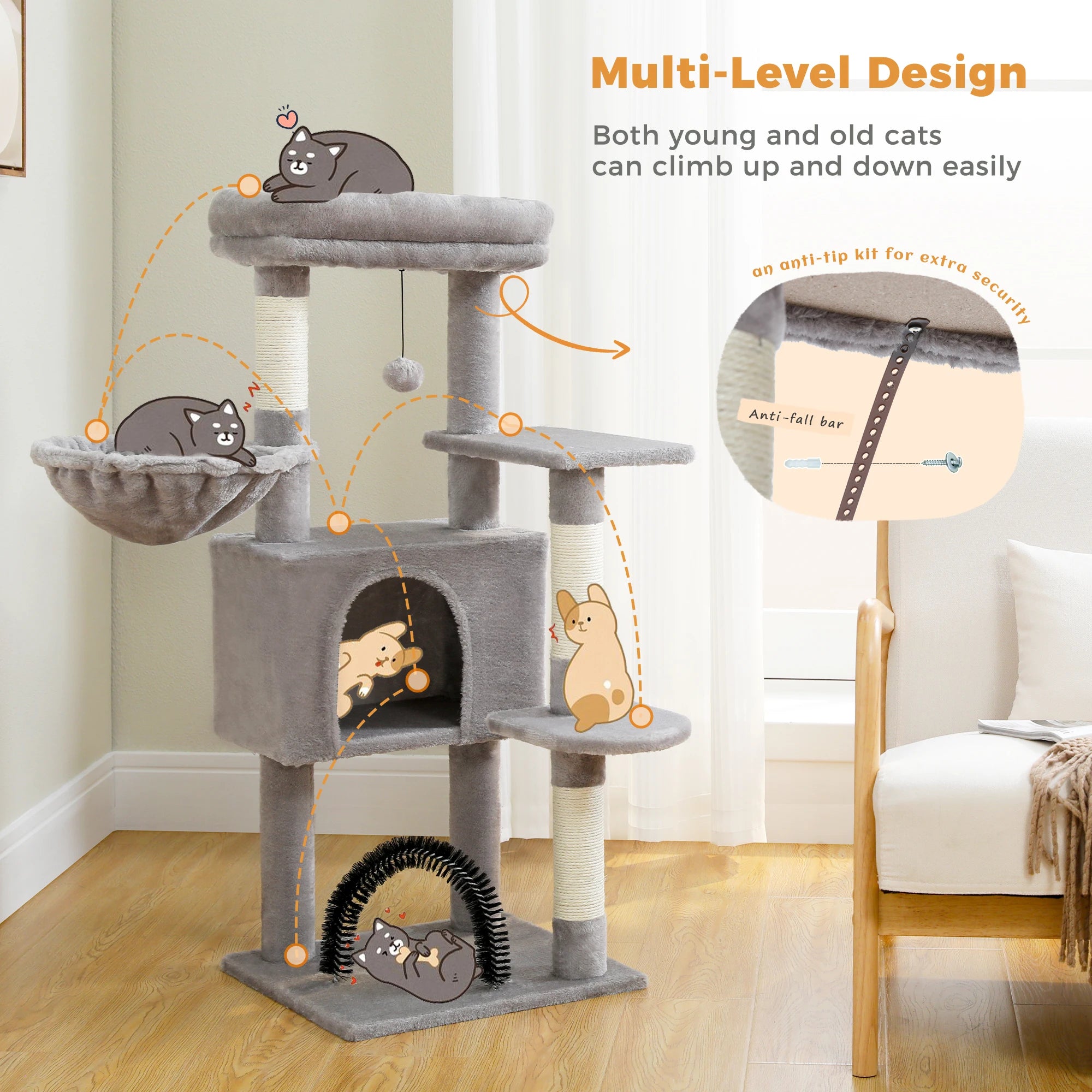 H120CM Cat Tree Condo for Indoor Self Grooming Brush Sisal Scratching Post Soft Perch House and Hanging Ball Toy Cozy Hummock