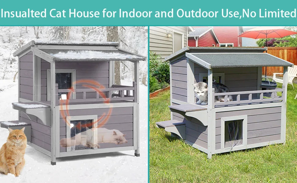 Insulated Outdoor Cat House, Weatherproof Cats Shelter for Winter with Foam Heated Liner, Outside 2 Story Pet House, Kitten Cage