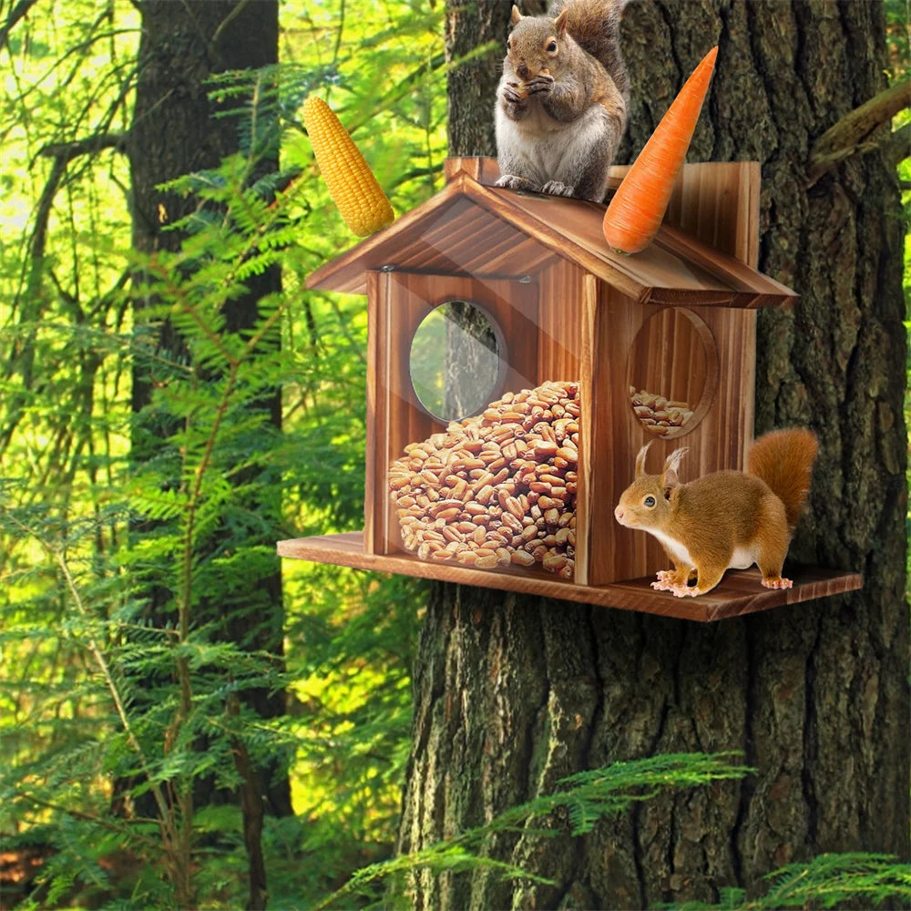 Garden Tree Squirrel Feeder Wood House Picnic Table Food Feeding Station Box