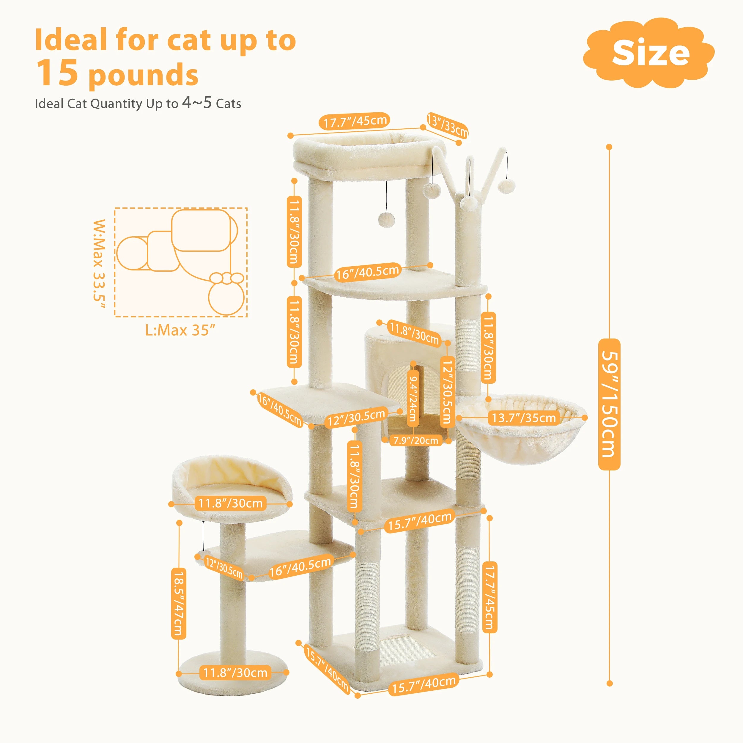 Multi-Level Cat Tree with Scratching Post Hammock Large Perches Hanging Balls Tall Cat Tower for Indoor Spacious Cat Condo House