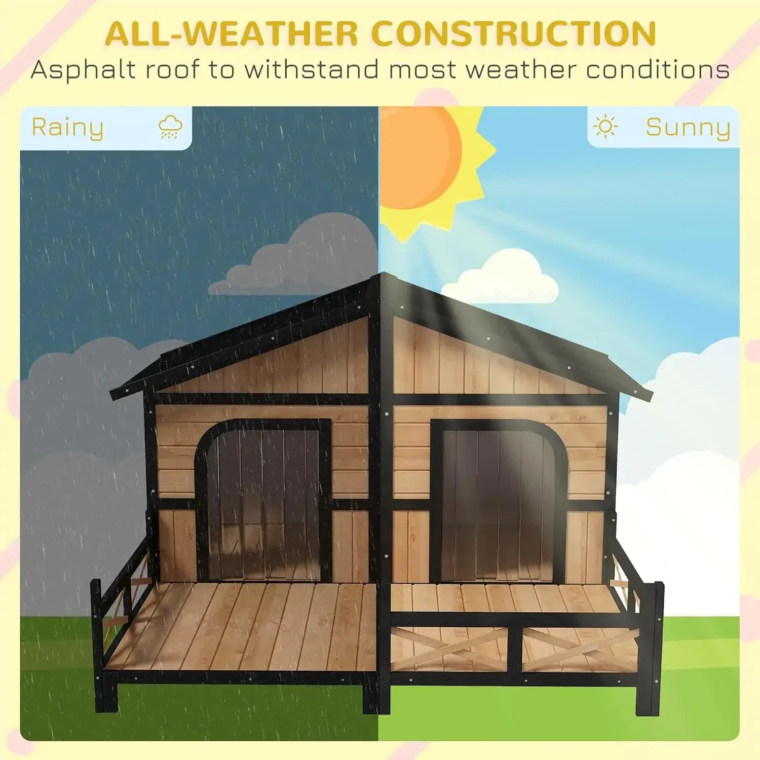 Wooden Large Dog House Outdoor Double XL Dog Kennel with Elevated Floor and Porch, Weatherproof Puppy Shelter for Dogs