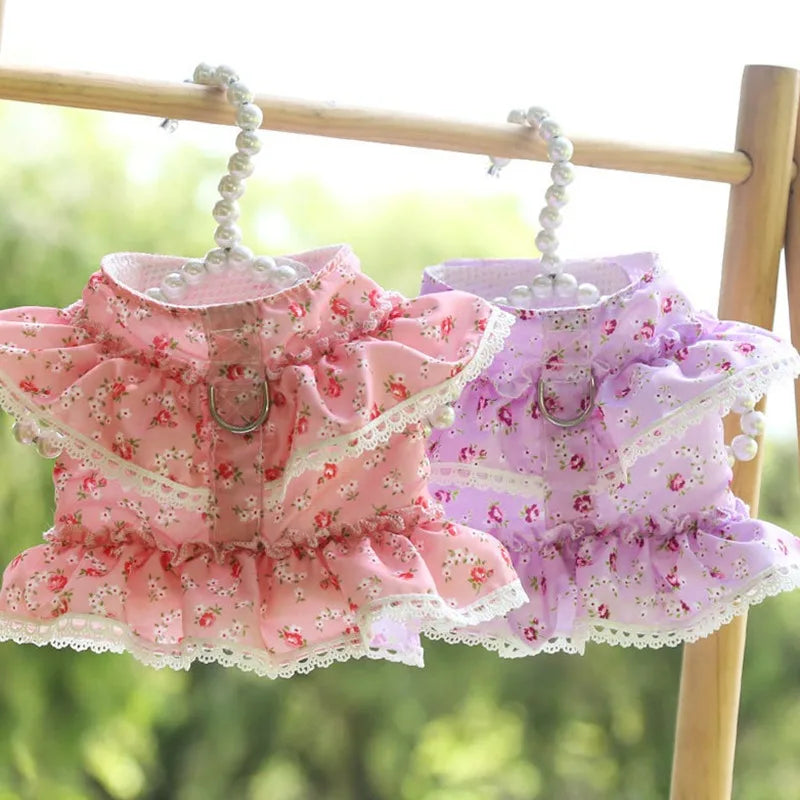 Dog Cat Harness Leash Set Adjustable Lace Floral Printed Pet Harness Vest Cute Dog Dress Pubby Mesh Harness Cat Walking Lead