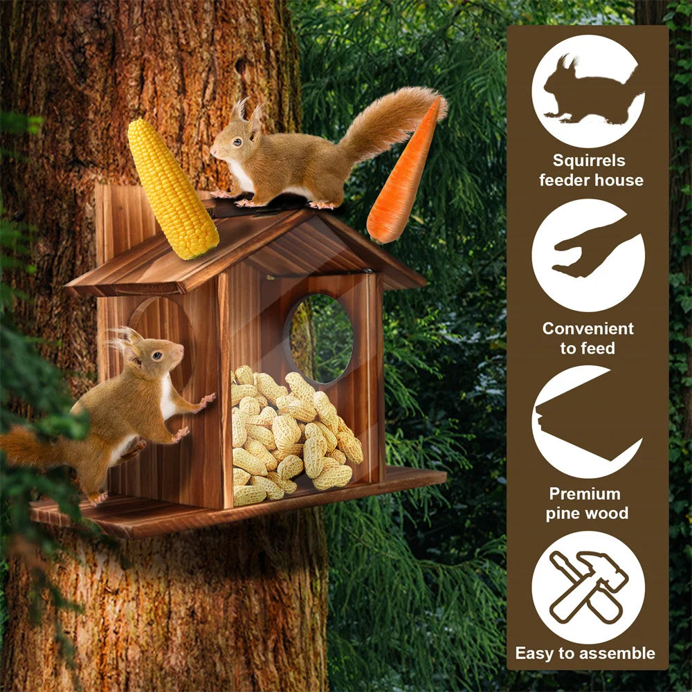 Garden Tree Squirrel Feeder Wood House Picnic Table Food Feeding Station Box