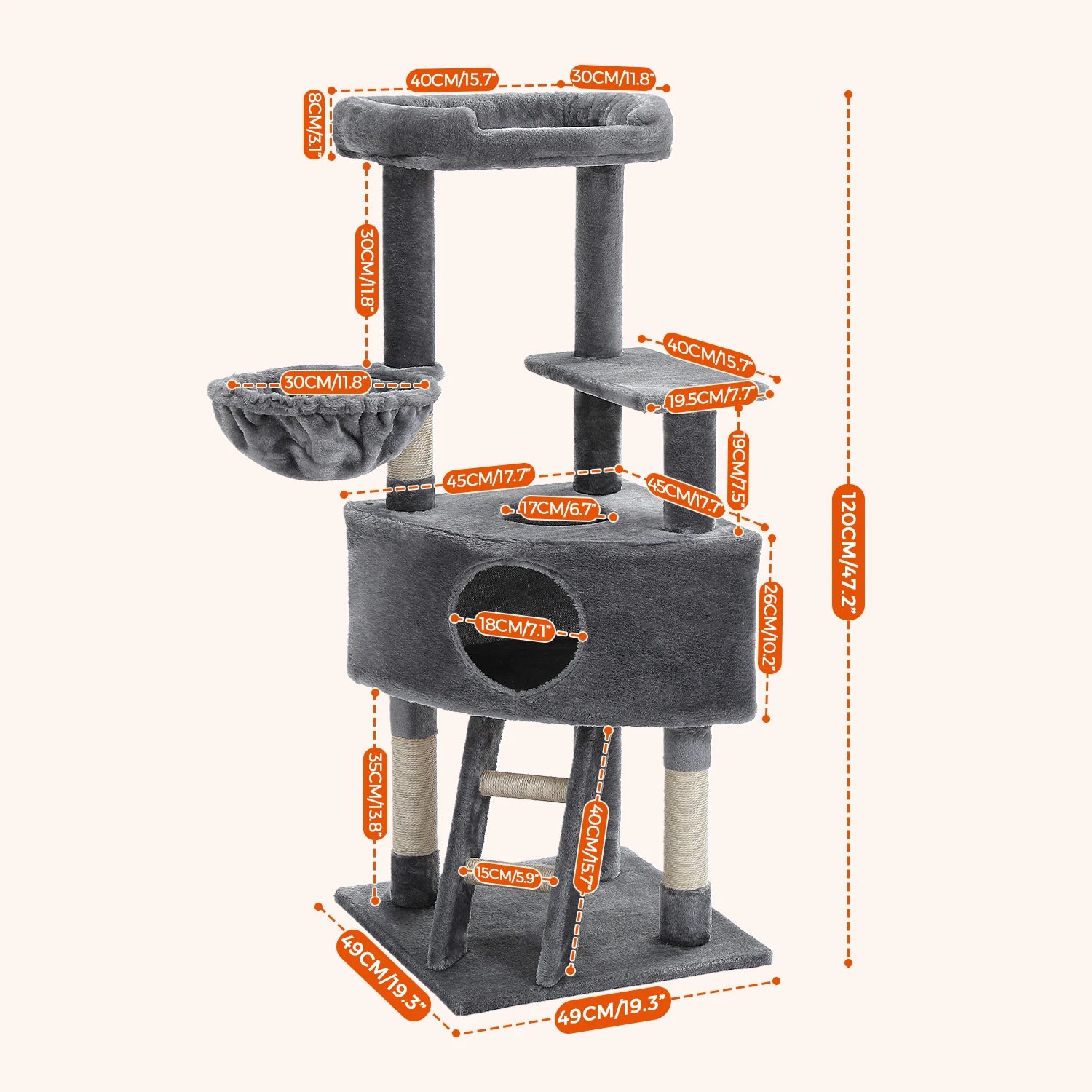 H120CM Cat Tree Condo for Indoor Self Grooming Brush Sisal Scratching Post Soft Perch House and Hanging Ball Toy Cozy Hummock
