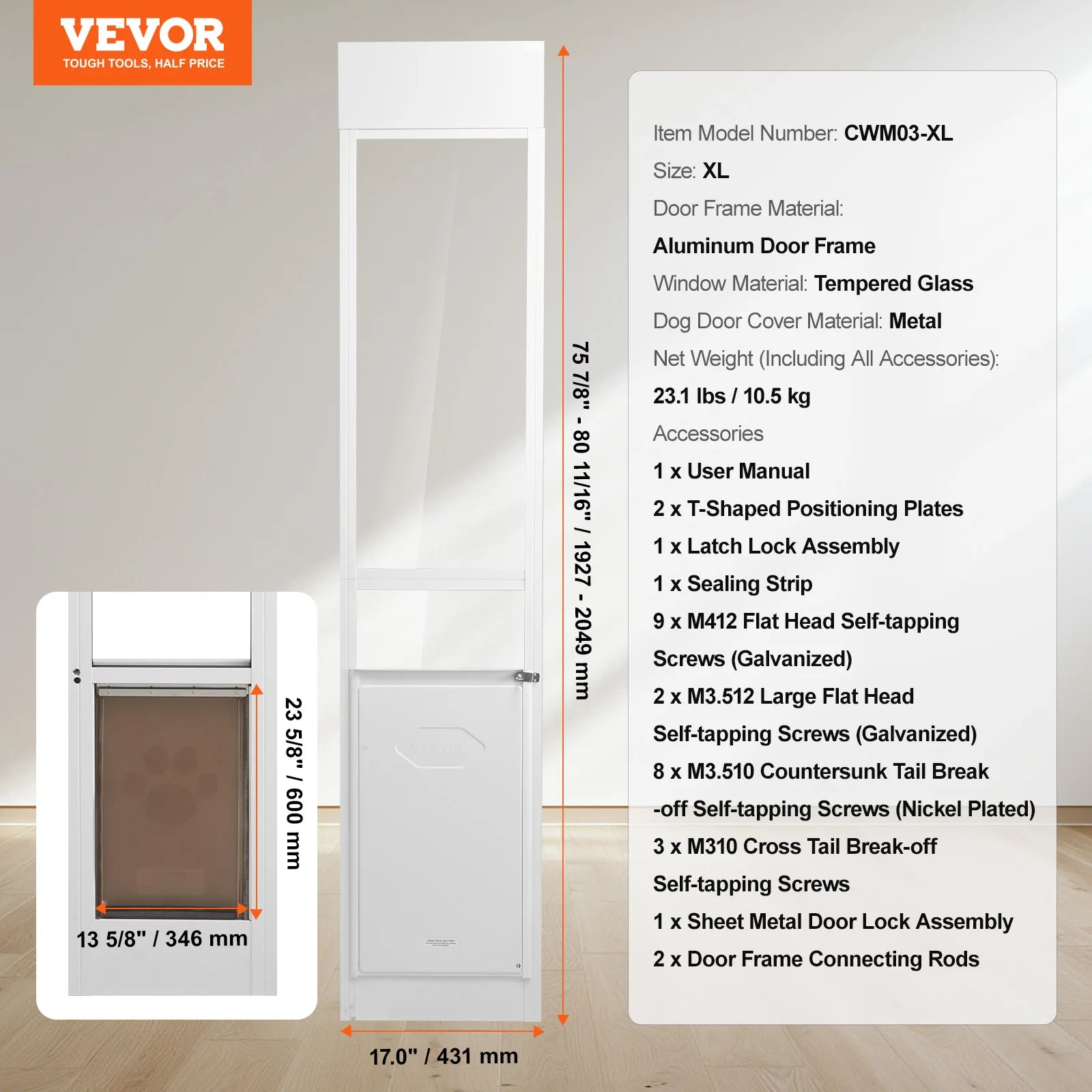 VEVOR Dog Door Sliding Glass Door Adjustable Height Doggy Door Sliding Doors Aluminum Frame Tempered Glass Pet Door